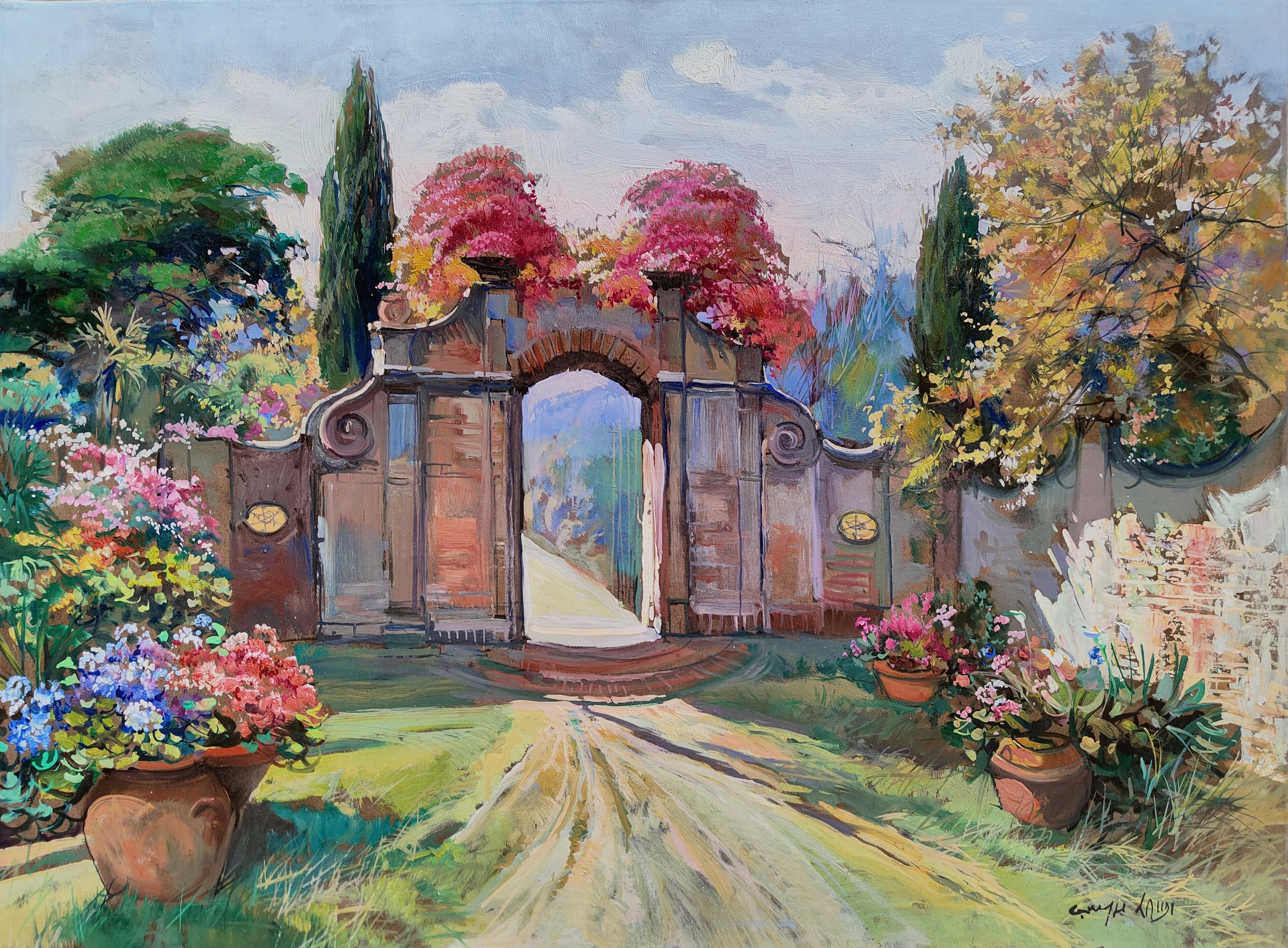 Giuseppe Landi, Flowering on baroque gate - Italian painting Giuseppe Landi, Flowering on baroque gate - Italian painting