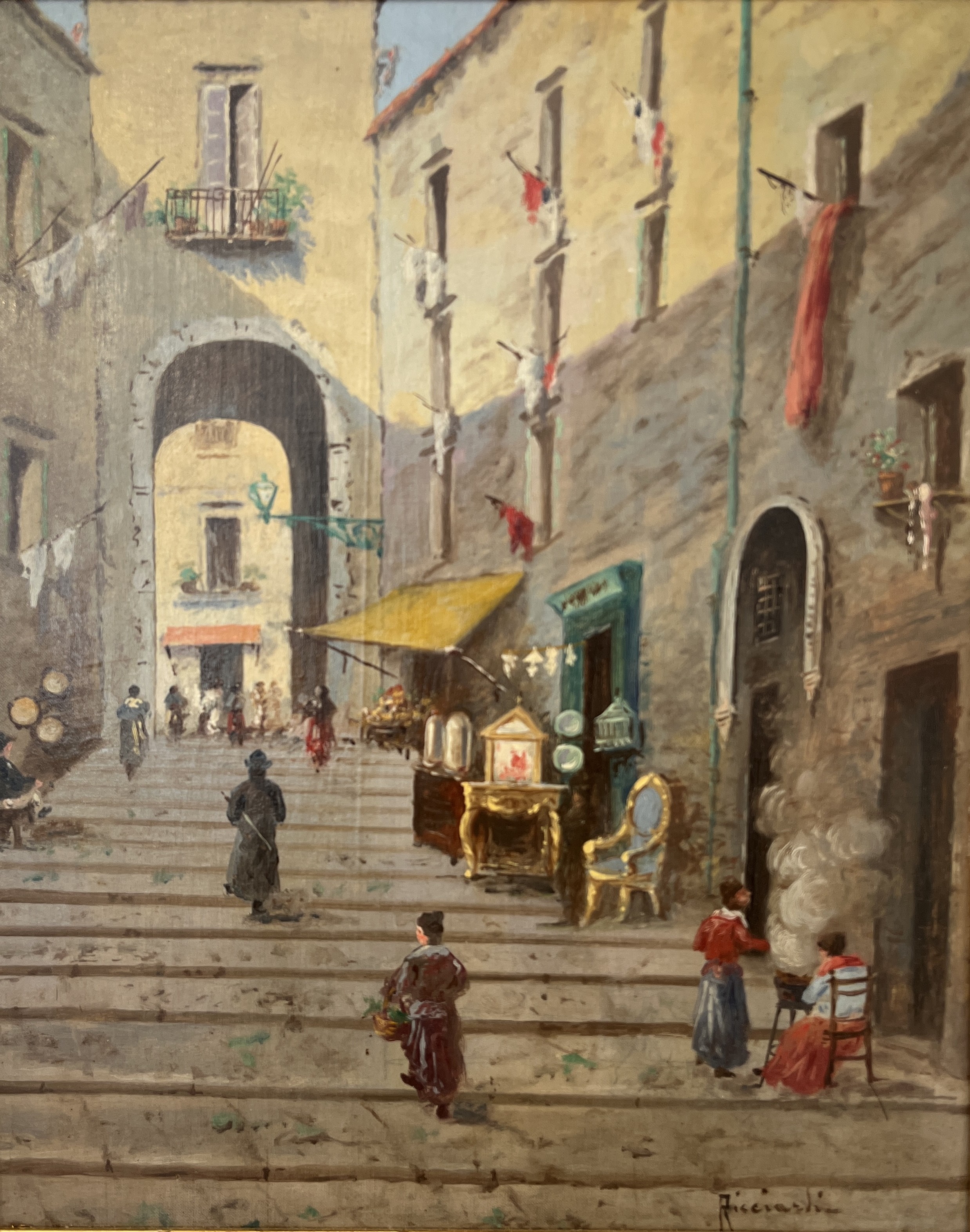 Oscar Ricciardi, Escalier dans le vieux Naples, vendeuse de châtaigne et antiquaire Oscar Ricciardi, Escalier dans le vieux Naples, vendeuse de châtaigne et antiquaire