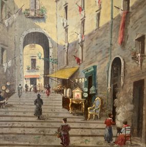 Gemälde, Escalier dans le vieux Naples, vendeuse de châtaigne et antiquaire, Oscar Ricciardi