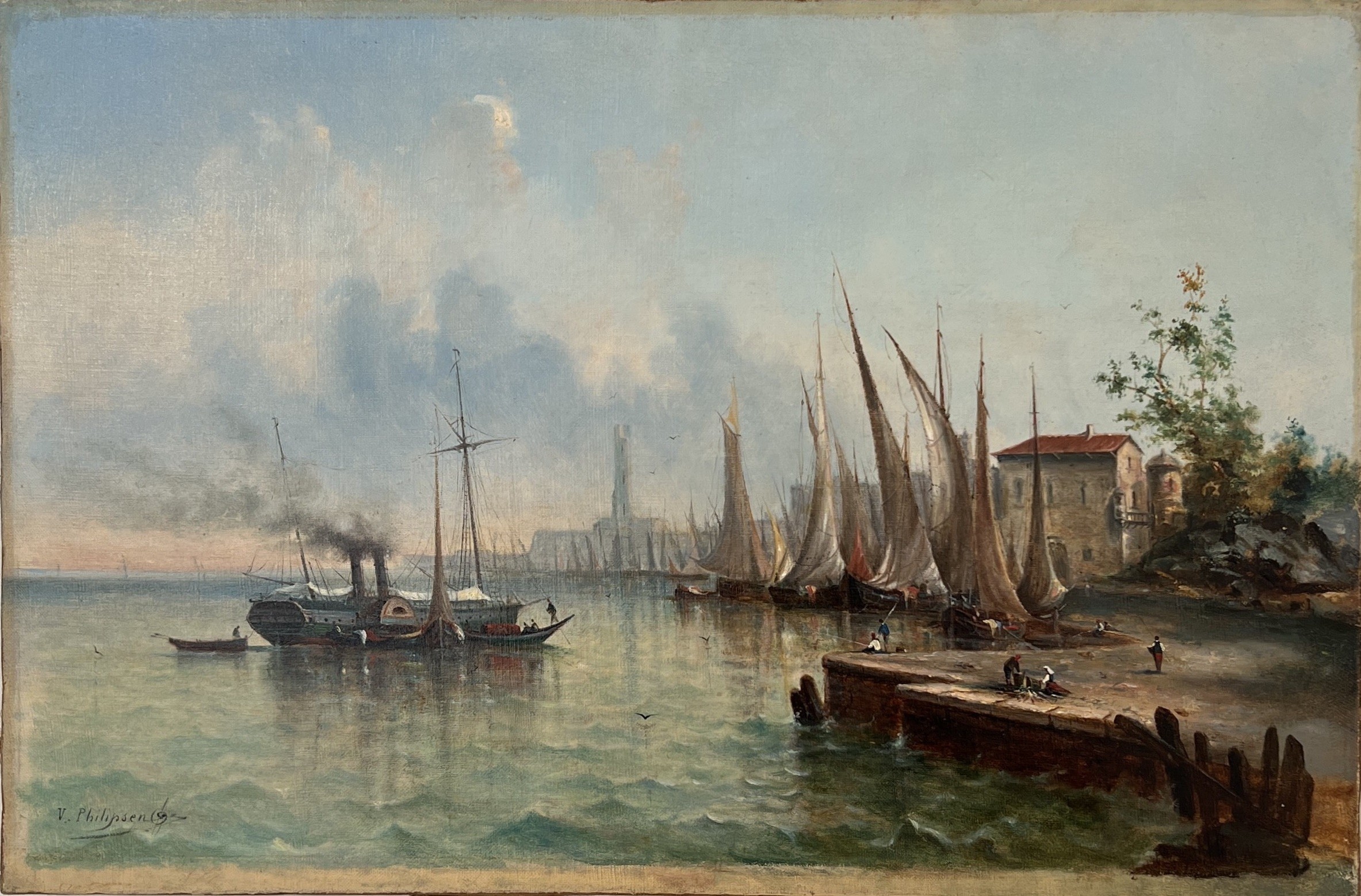 Victor Philipsen, Scène de port animé au petit matin avec bateau à vapeur Victor Philipsen, Scène de port animé au petit matin avec bateau à vapeur