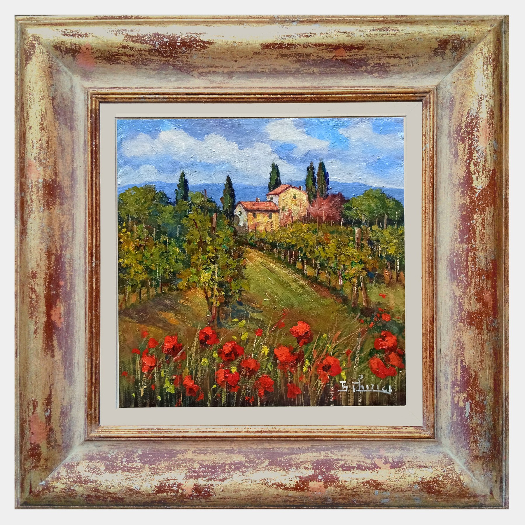 Bruno Chirici, Colorful flowers in the vineyard - Tuscany landscape painting + frame Bruno Chirici, Colorful flowers in the vineyard - Tuscany landscape painting + frame