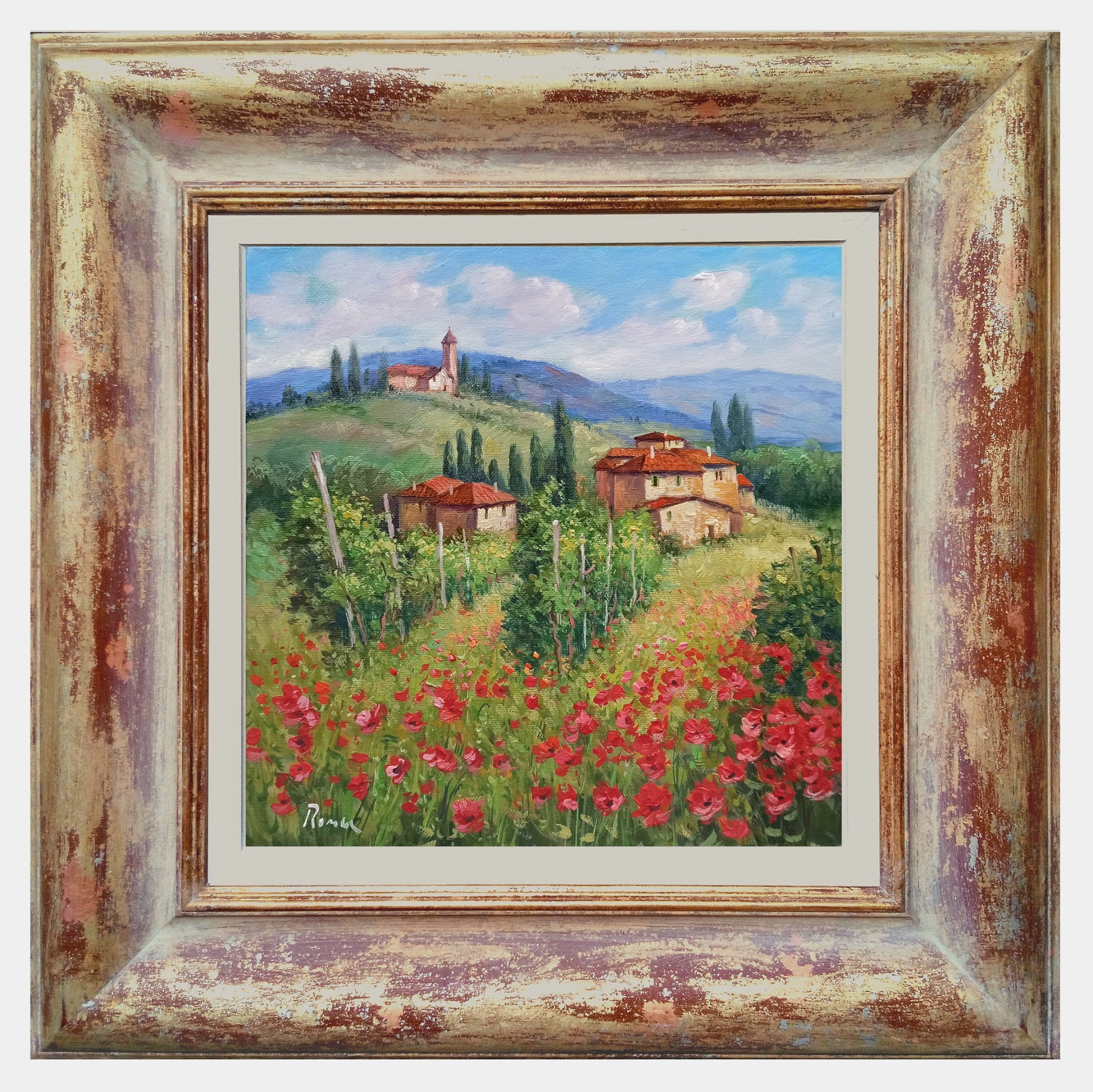 Domenico Ronca, Vineyard and red poppies - Tuscany landscape painting & frame Domenico Ronca, Vineyard and red poppies - Tuscany landscape painting & frame