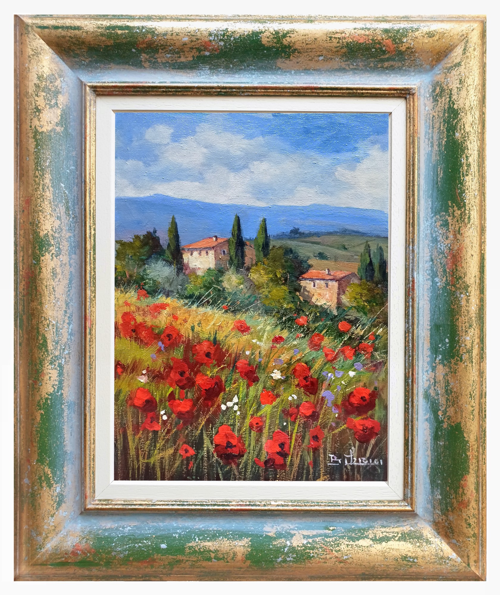 Bruno Chirici, The hills in bloom - Tuscany landscape painting & frame Bruno Chirici, The hills in bloom - Tuscany landscape painting & frame