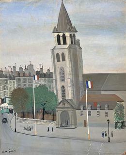 Peinture, Personnages sous le porche de l'église, Armand Marie Guérin