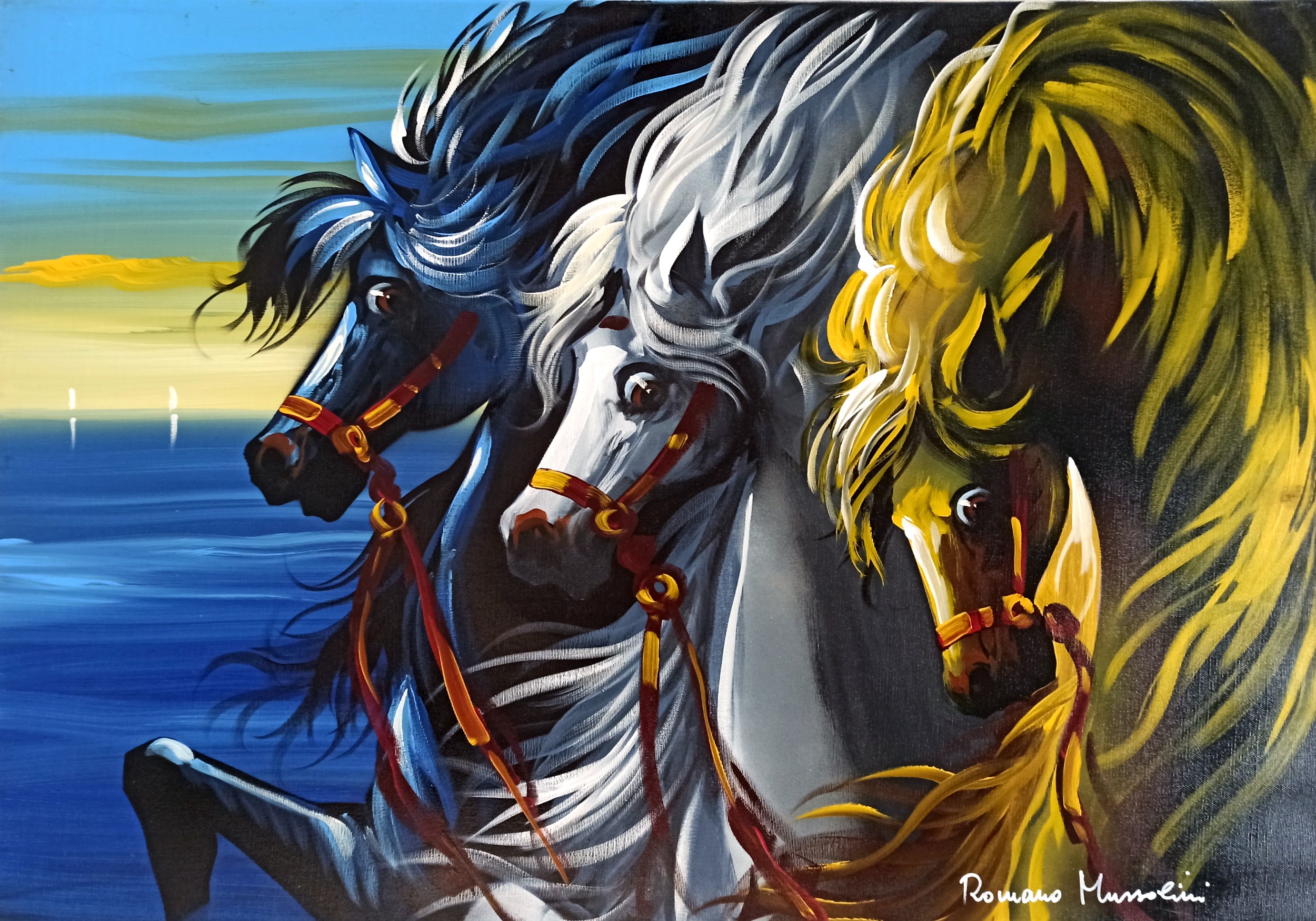 Romano Mussolini, Three horses on the sea - Italian painting Romano Mussolini, Three horses on the sea - Italian painting