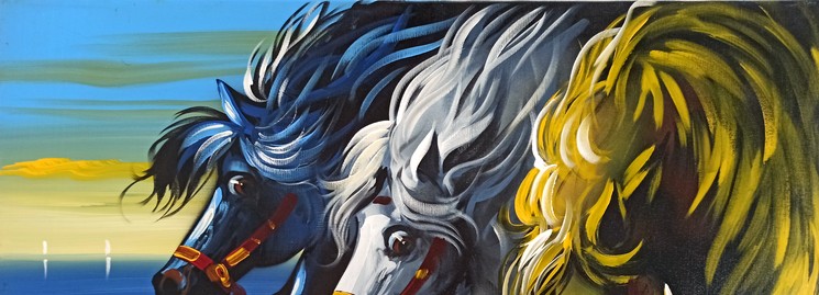 Romano Mussolini, Three horses on the sea - Italian painting, Pittura su stoffa