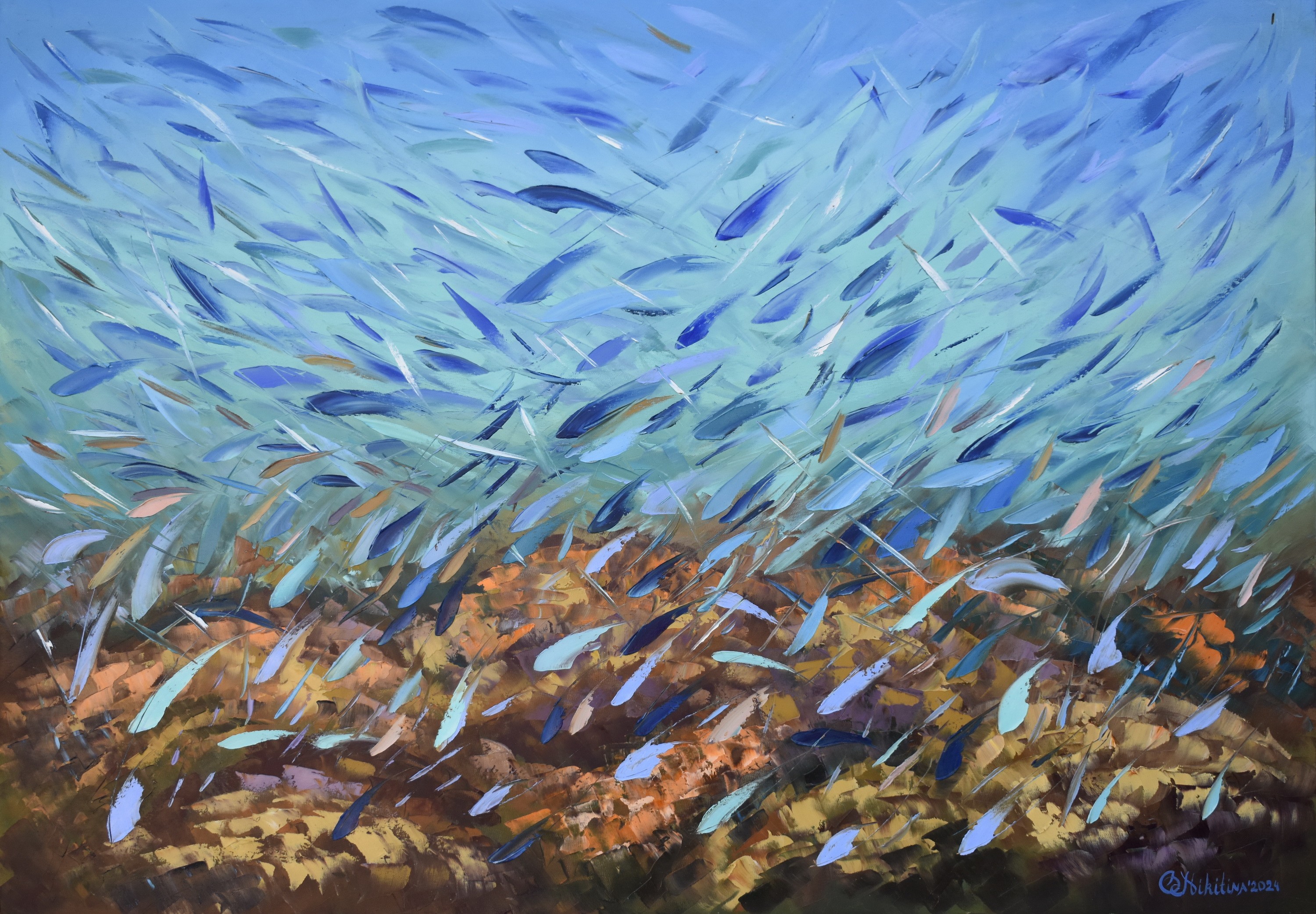 Abstract Fish Painting On Canvas Original Marine Artwork Blue