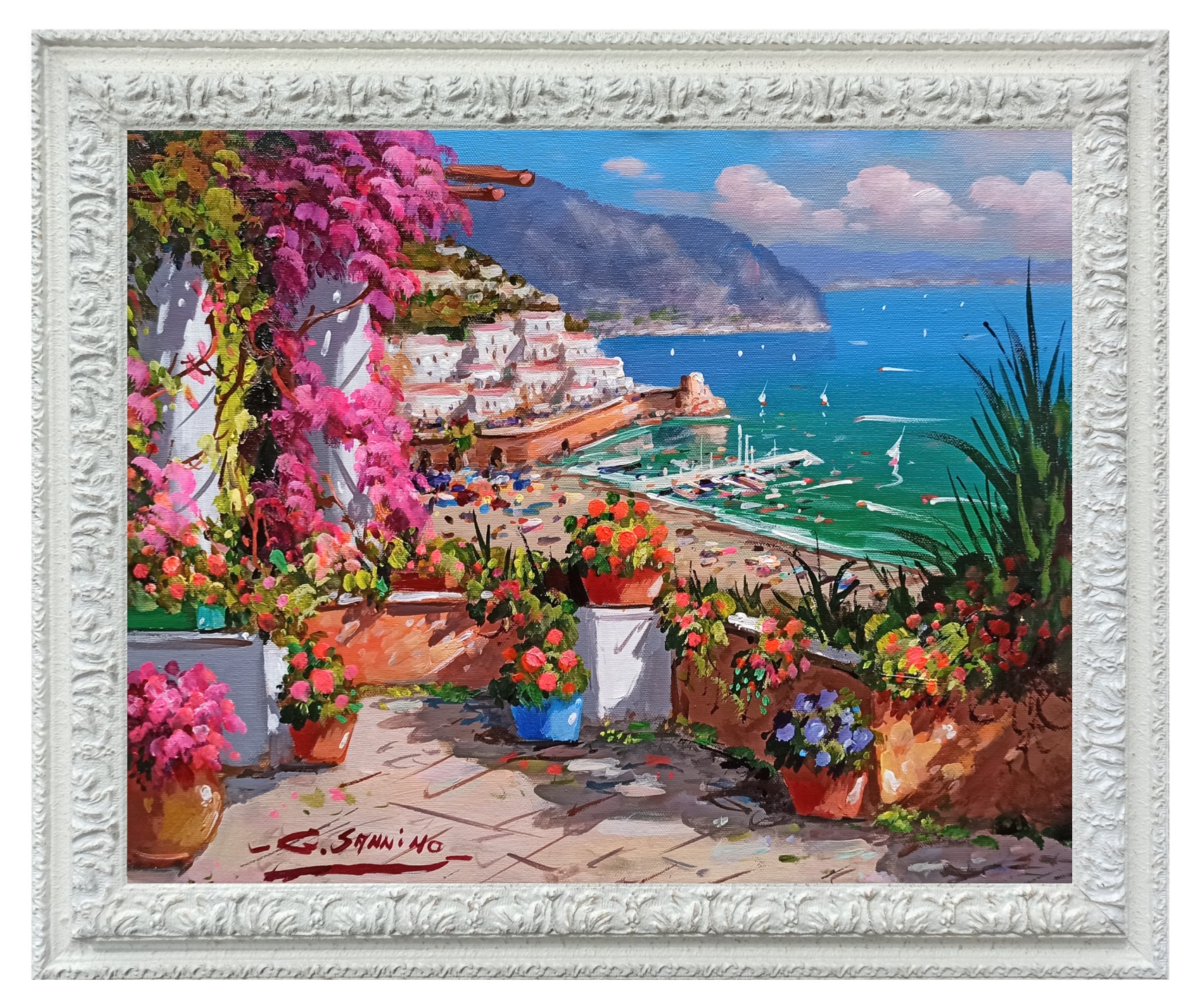 Gio Sannino, Flowery terrace horizontal version - Amalfi painting (Italy) + frame Gio Sannino, Flowery terrace horizontal version - Amalfi painting (Italy) + frame