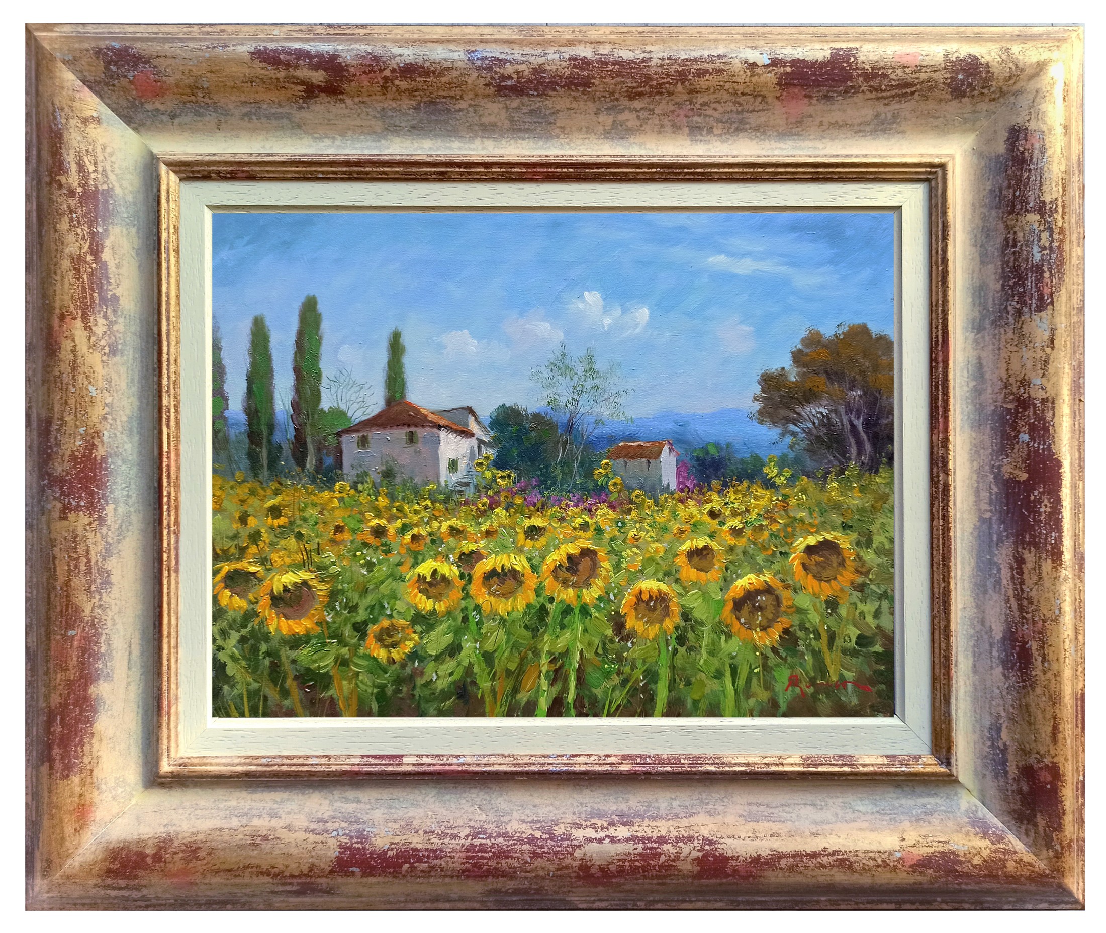 Domenico Ronca, Houses among sunflowers - Tuscany painting & frame Domenico Ronca, Houses among sunflowers - Tuscany painting & frame