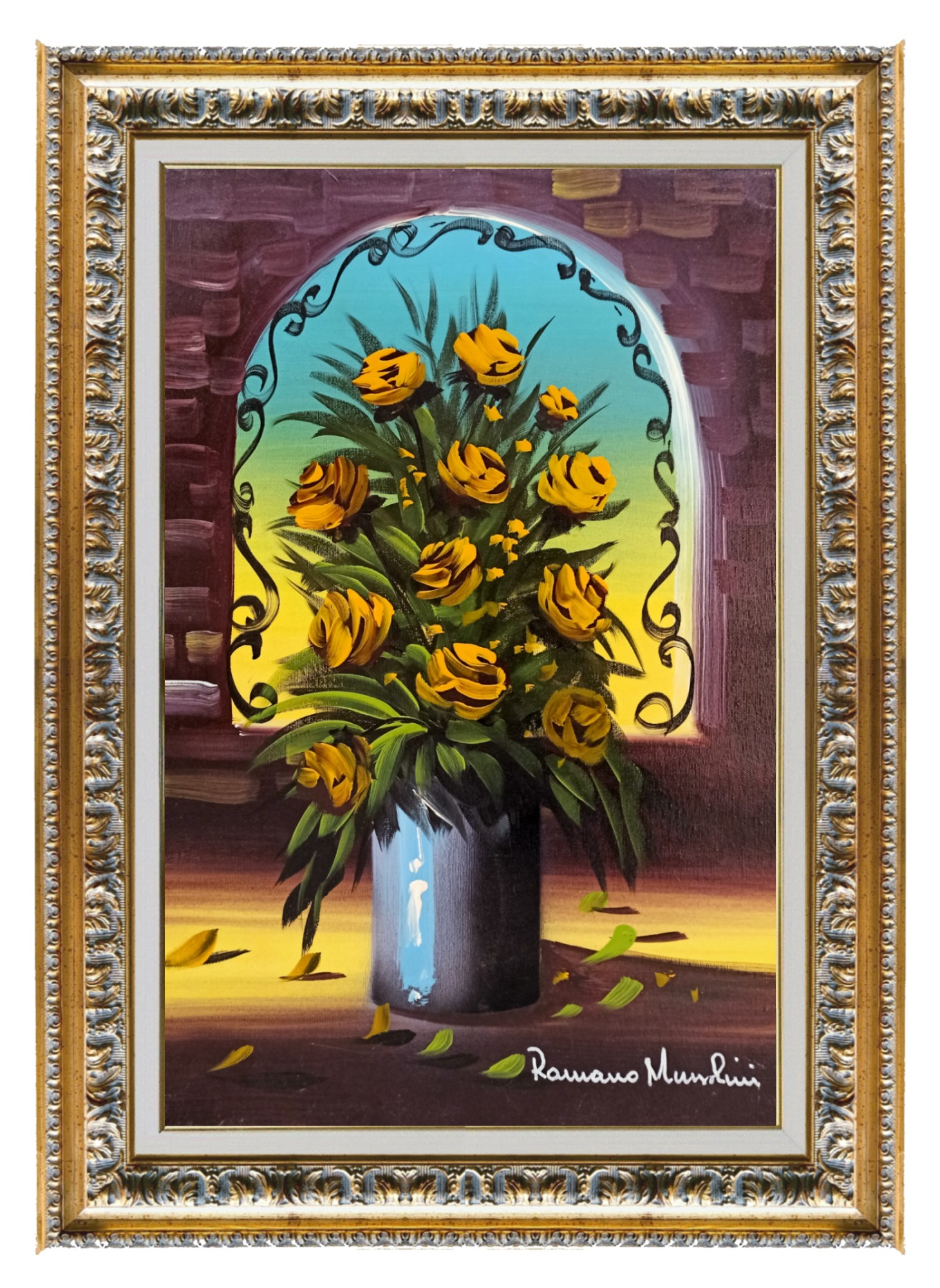 Romano Mussolini, Vase with yellow roses - Italian painting Romano Mussolini, Vase with yellow roses - Italian painting