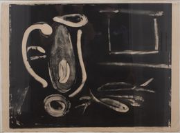 Fine Art Drawings, Table with Fish, Black Background, Pablo Picasso