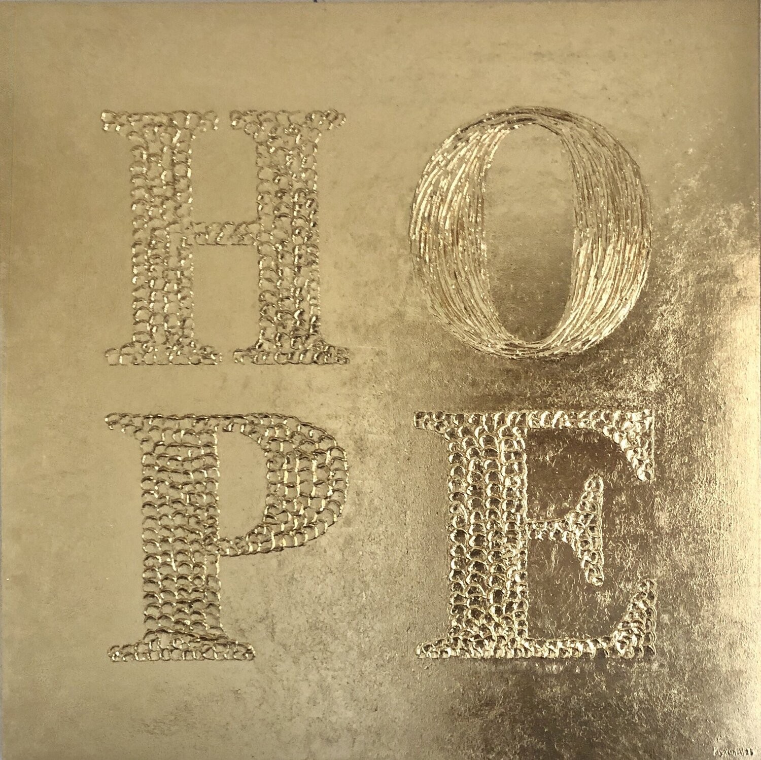 Nataliia Krykun, Hope in Gold - 3d gold textured Pop Art inspired by Robert Indiana Nataliia Krykun, Hope in Gold - 3d gold textured Pop Art inspired by Robert Indiana