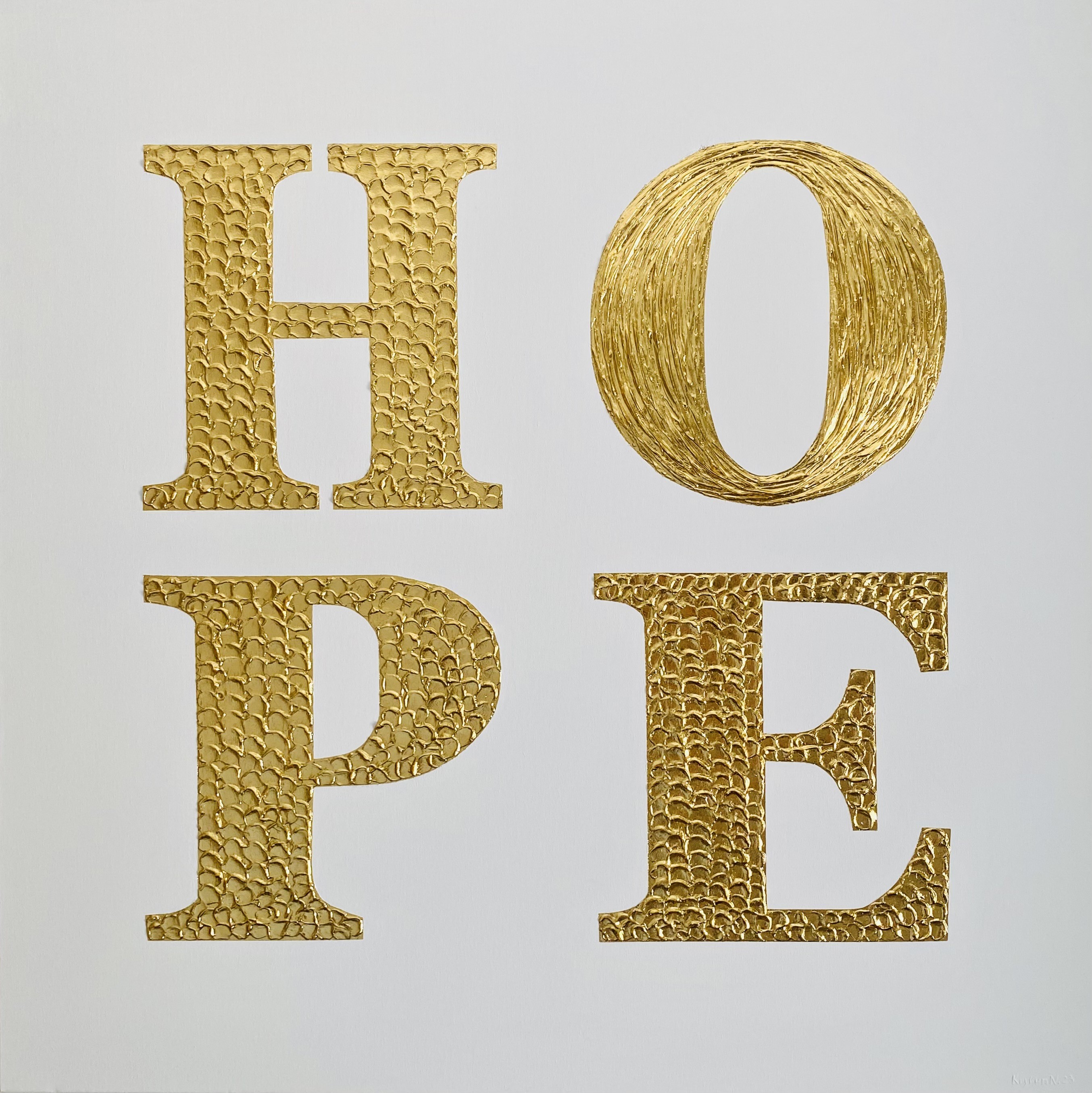 Nataliia Krykun, Hope in Gold - 3d gold textured Pop Art inspired by Robert Indiana Nataliia Krykun, Hope in Gold - 3d gold textured Pop Art inspired by Robert Indiana