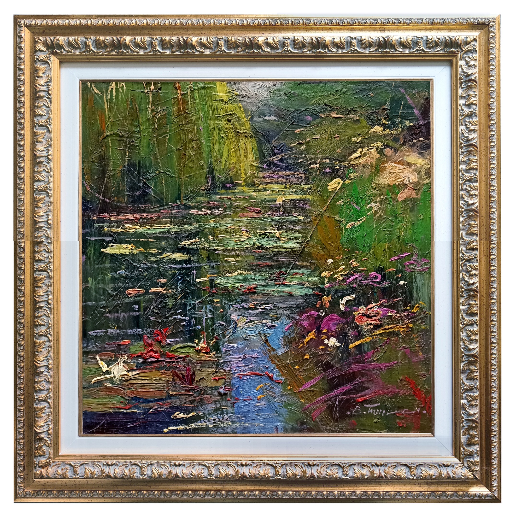 Bruno Tinucci, The stream of water lilies - Italian painting & frame Bruno Tinucci, The stream of water lilies - Italian painting & frame