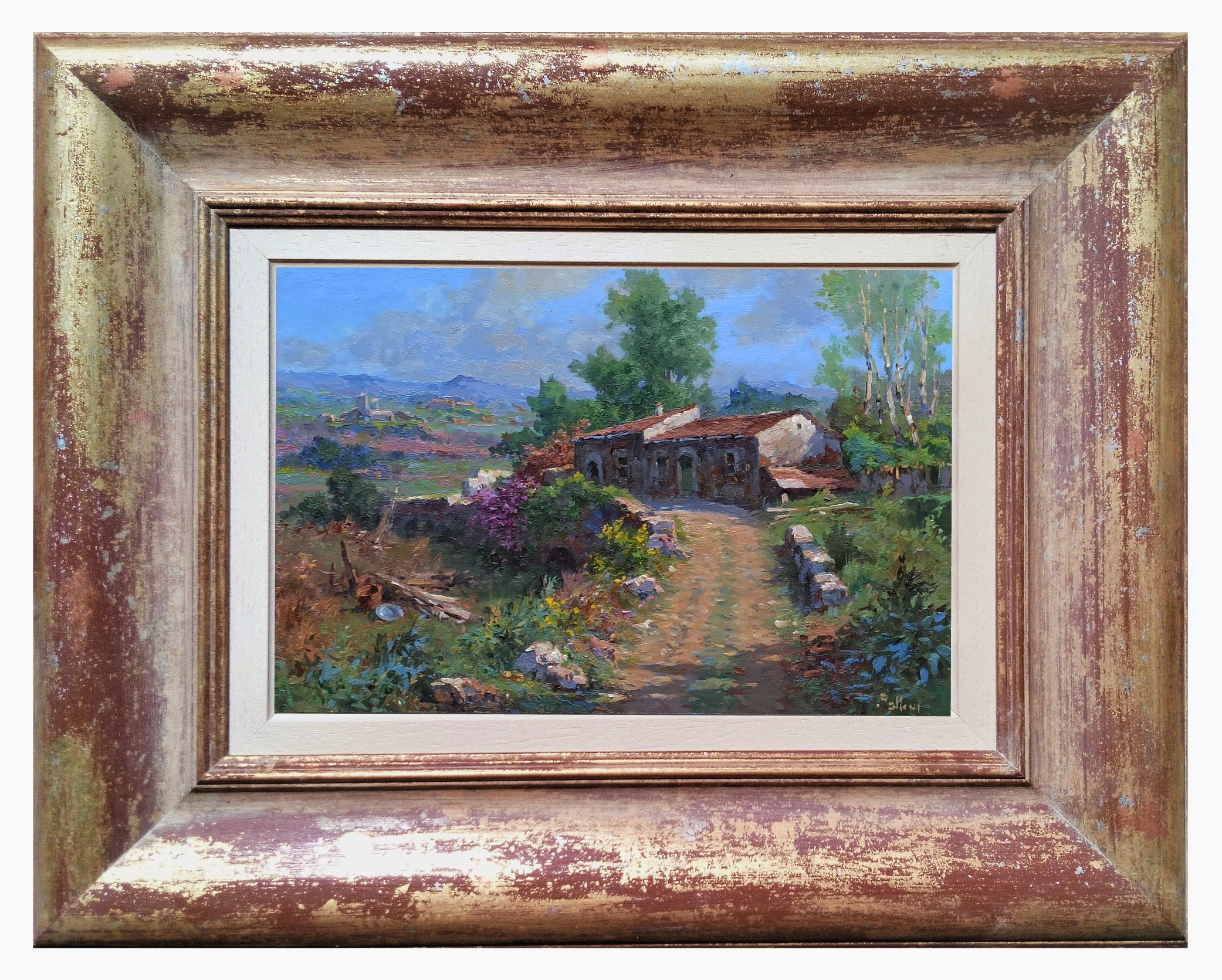 Claudio Pallini, Flowering in the countryside - Tuscany painting landscape & frame Claudio Pallini, Flowering in the countryside - Tuscany painting landscape & frame