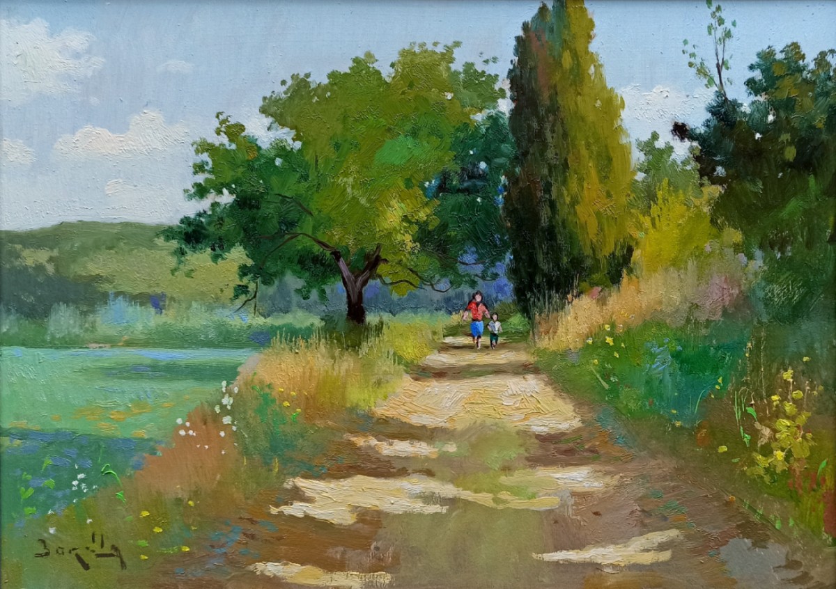 Andrea Borella, Countryside with figures - Tuscany landscape & frame Andrea Borella, Countryside with figures - Tuscany landscape & frame