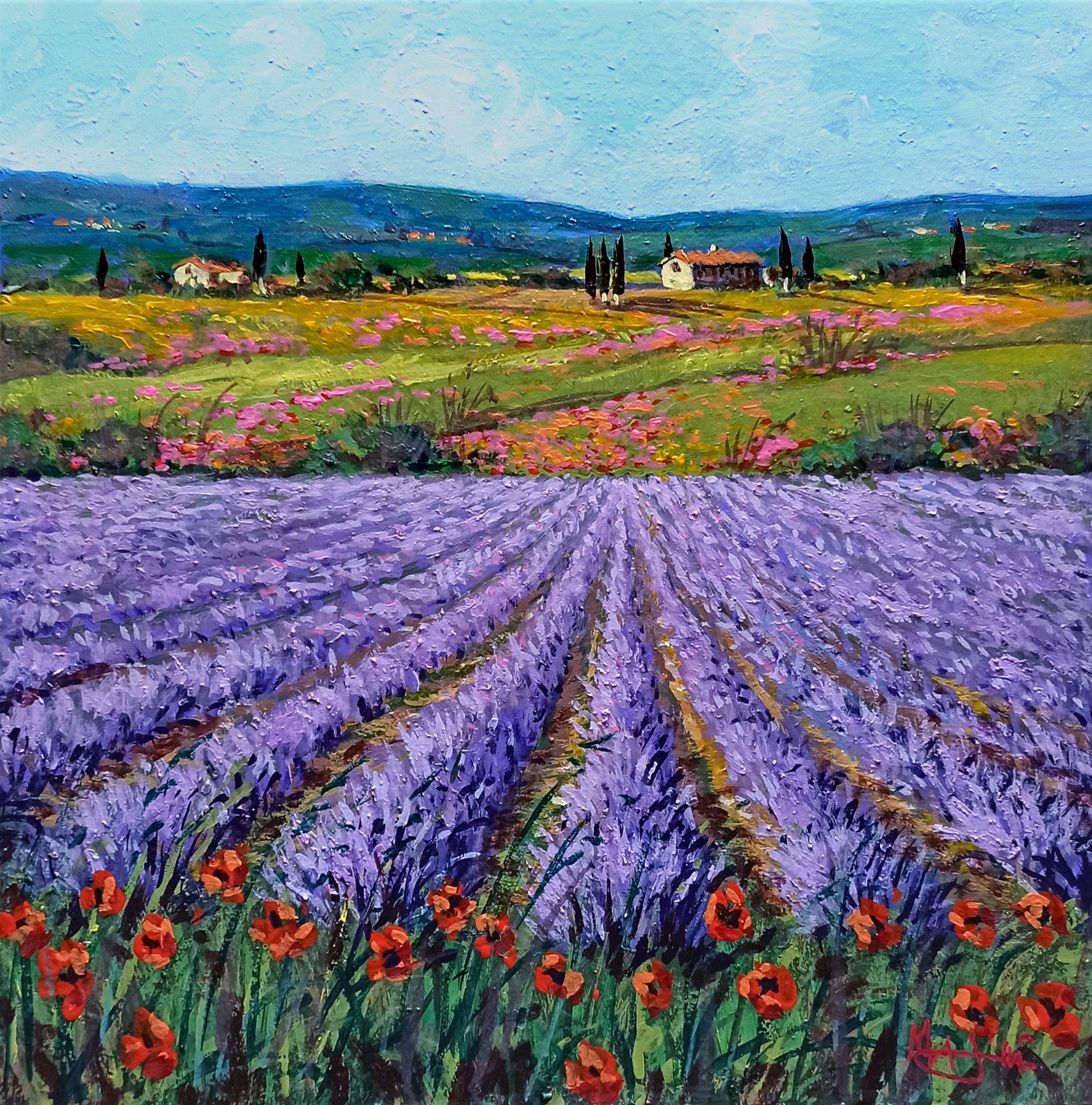 Gino Masini, Lavender & Poppies - Tuscany landscape painting Gino Masini, Lavender & Poppies - Tuscany landscape painting