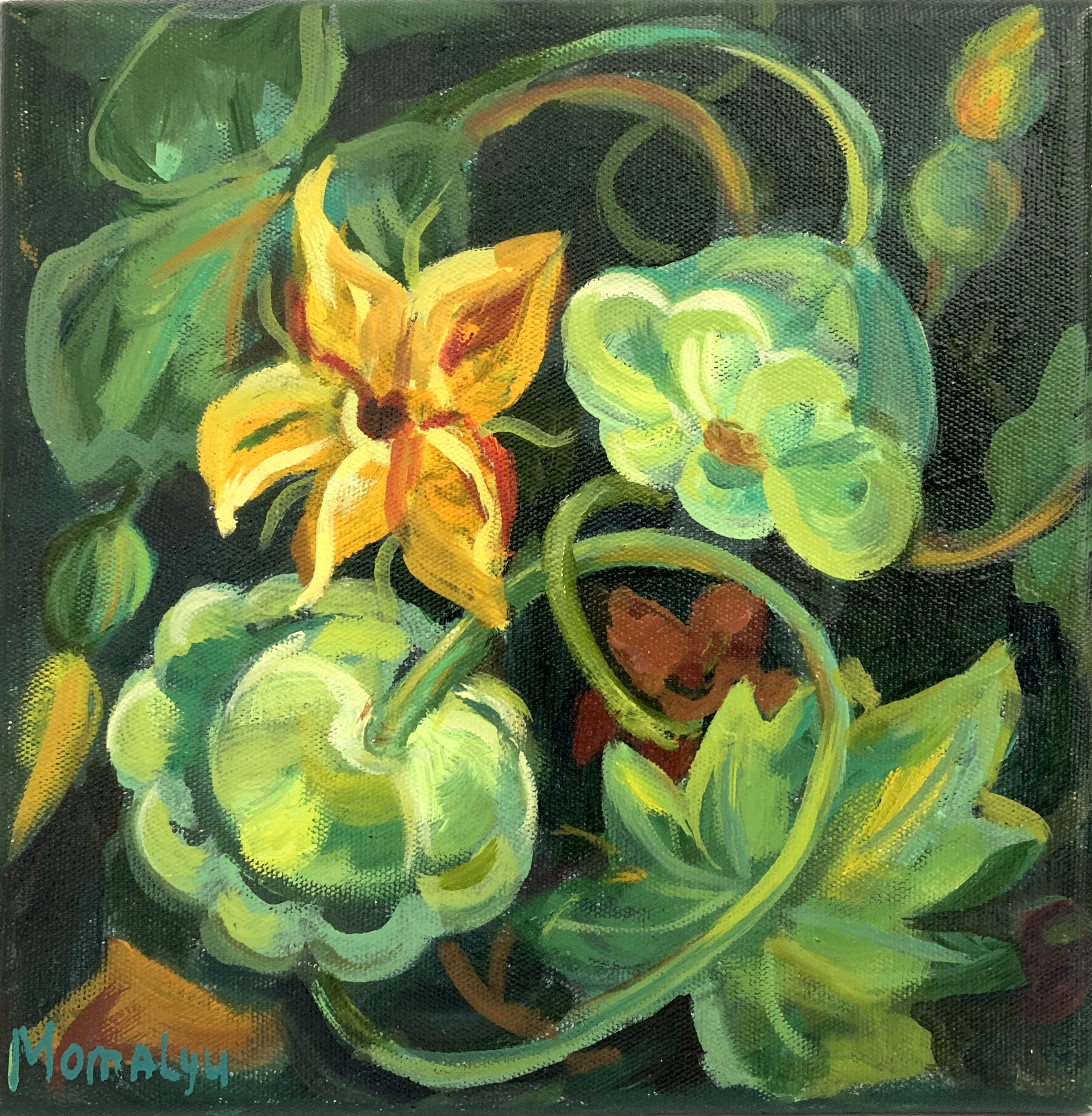 Momalyu Liubov Kriuchkova, Patisson curls. Ornate plants. Miniature oil painting. Momalyu Liubov Kriuchkova, Patisson curls. Ornate plants. Miniature oil painting.
