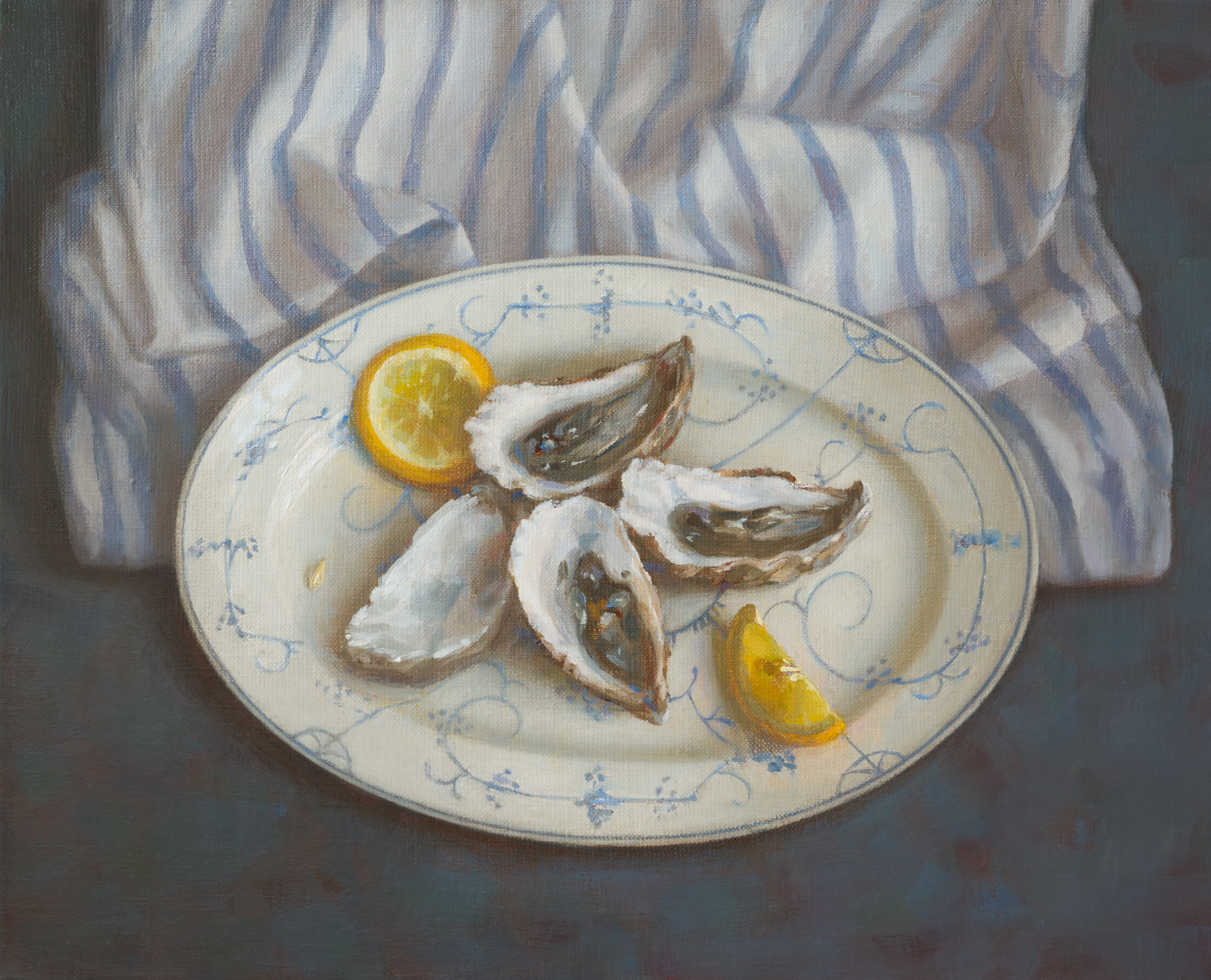 Irina Trushkova, Oysters with blue striped drapery Irina Trushkova, Oysters with blue striped drapery