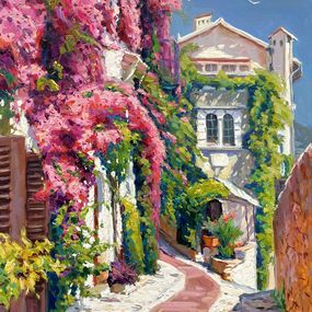 Peinture, "Yard by the sea" oil painting - Lush and Colorful Scene with Blossoming Flowers and Rustic Charm, Evgeny Chernyakovsky