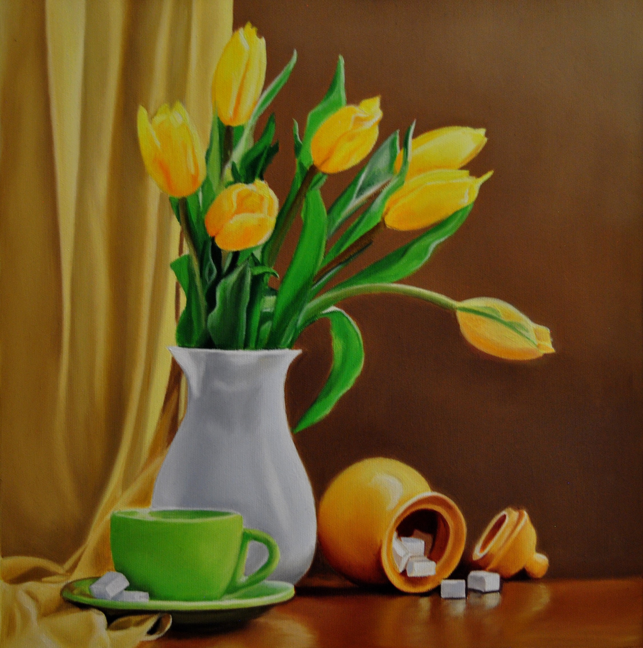 Simona Tsvetkova, Still life with yellow poppies and a cup of tea Simona Tsvetkova, Still life with yellow poppies and a cup of tea