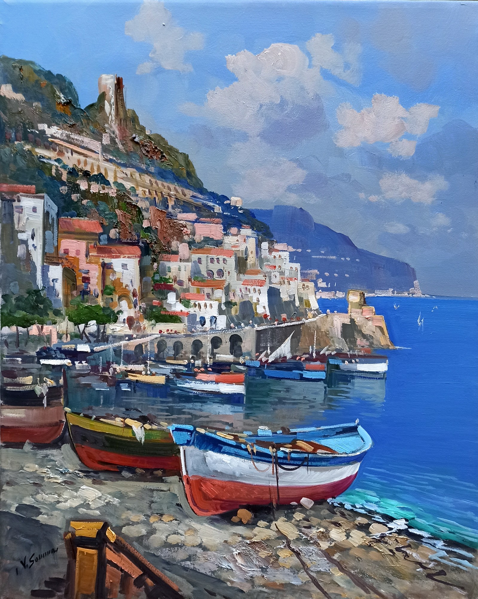 Vincenzo Somma, Boats on the beach vertical version - Amalfi Italy painting Vincenzo Somma, Boats on the beach vertical version - Amalfi Italy painting
