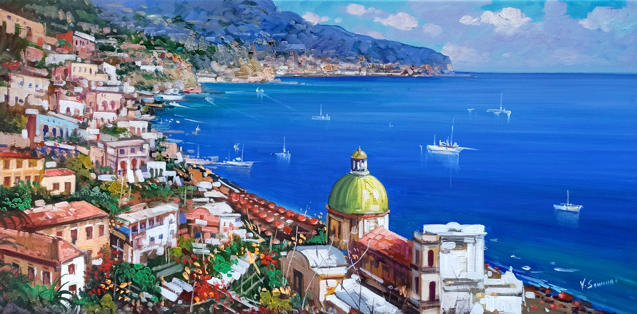 Vincenzo Somma, Costiera blue sea - panoramic version Positano painting Vincenzo Somma, Costiera blue sea - panoramic version Positano painting