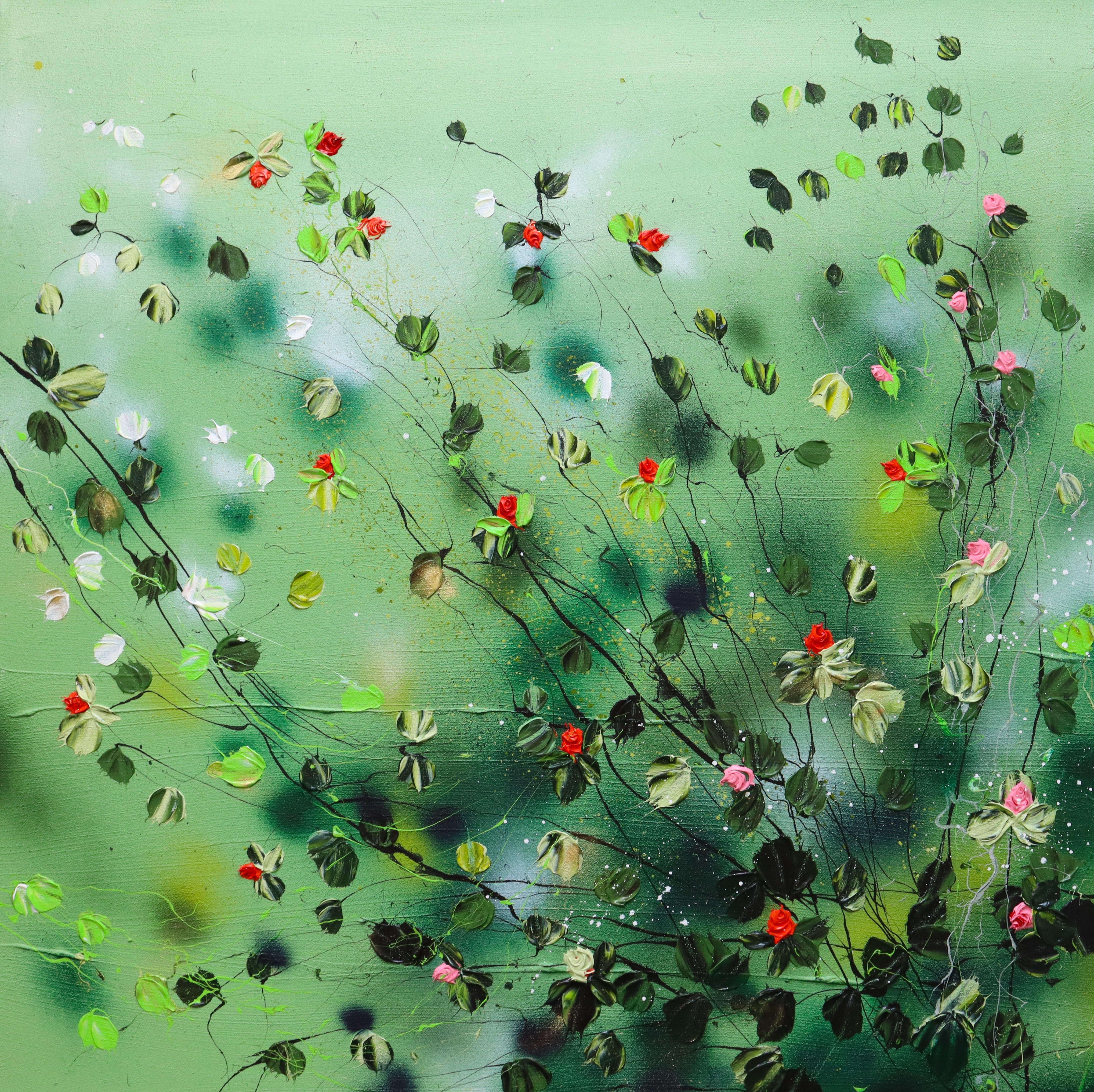 Anastassia Skopp, Akai Hanabira modern textured green floral painting Anastassia Skopp, Akai Hanabira modern textured green floral painting
