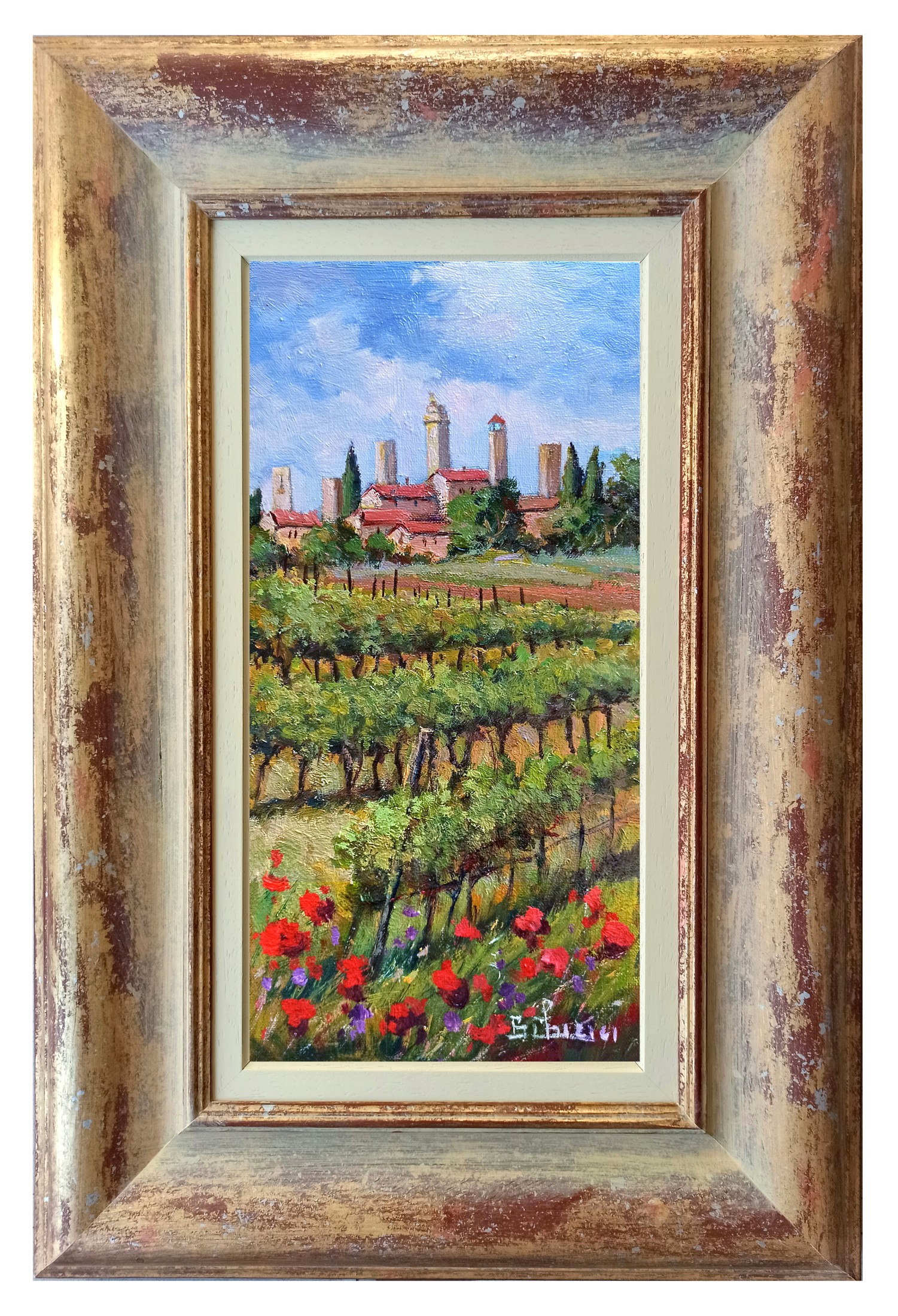 Bruno Chirici, Vineyard in San Gimignano - Tuscany painting & handmade frame Bruno Chirici, Vineyard in San Gimignano - Tuscany painting & handmade frame