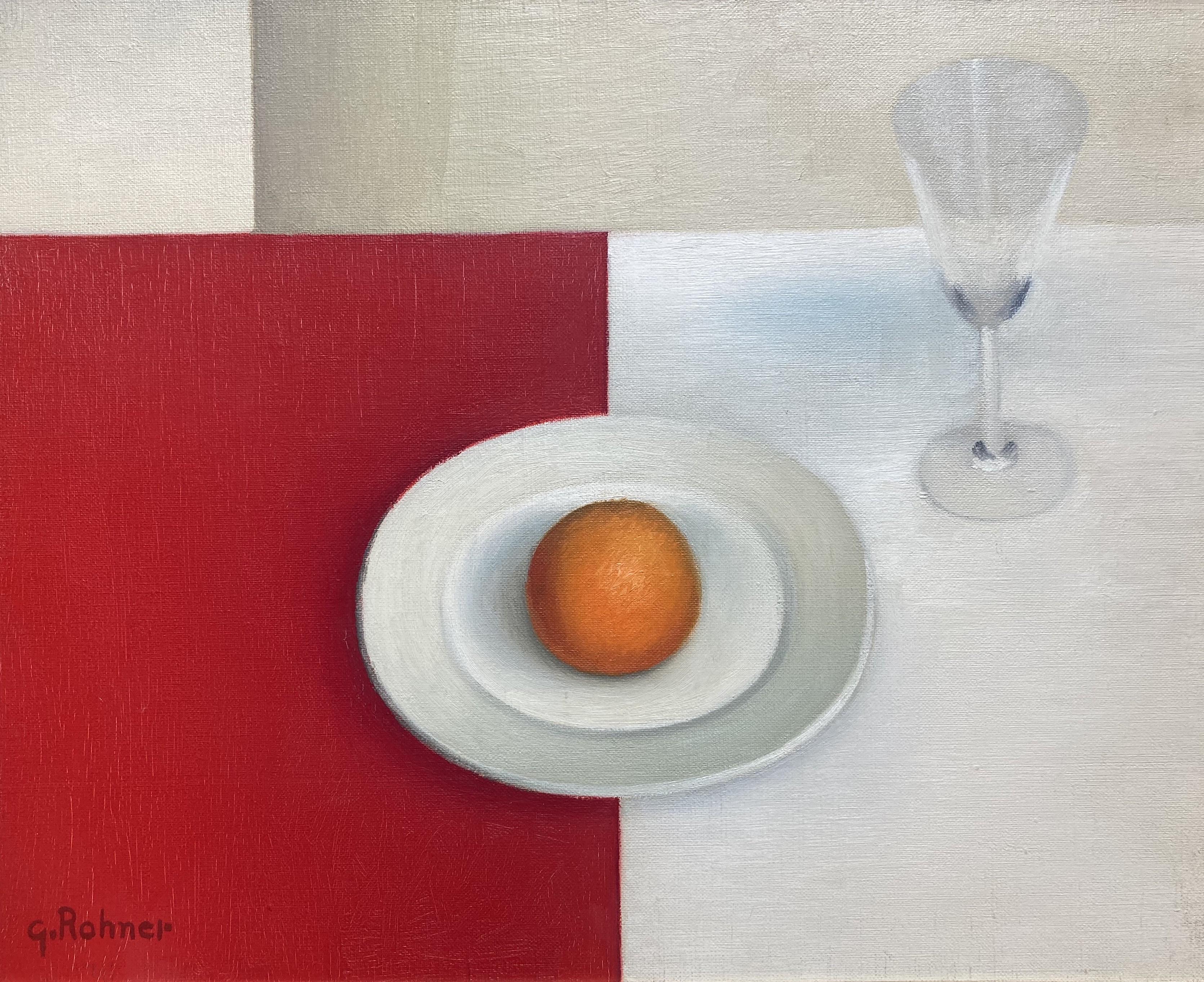 Georges Rohner, Orange sur nappe rouge et blanche Georges Rohner, Orange sur nappe rouge et blanche