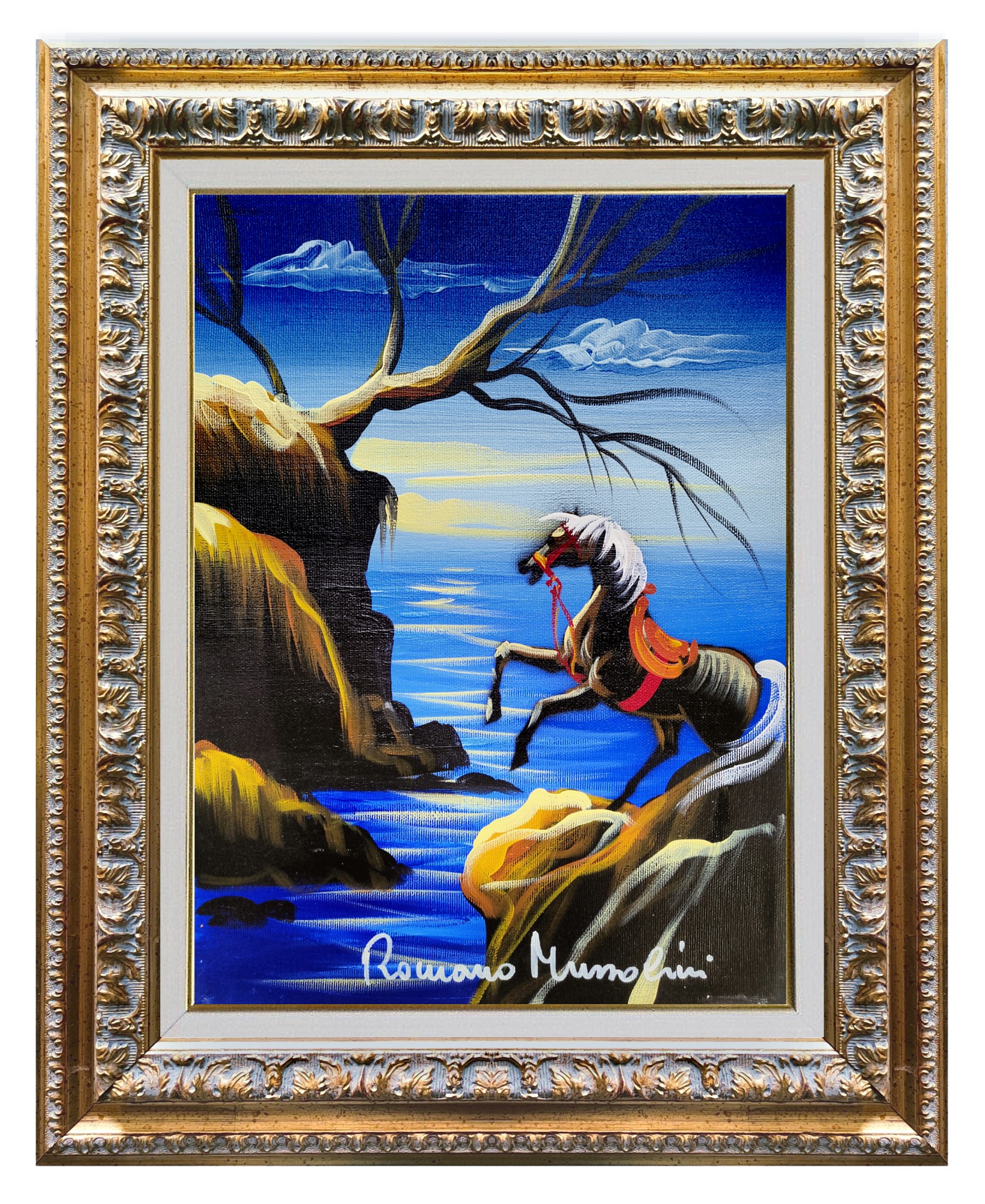 Romano Mussolini, Rampant horse on the sea - Italian painting & frame Romano Mussolini, Rampant horse on the sea - Italian painting & frame