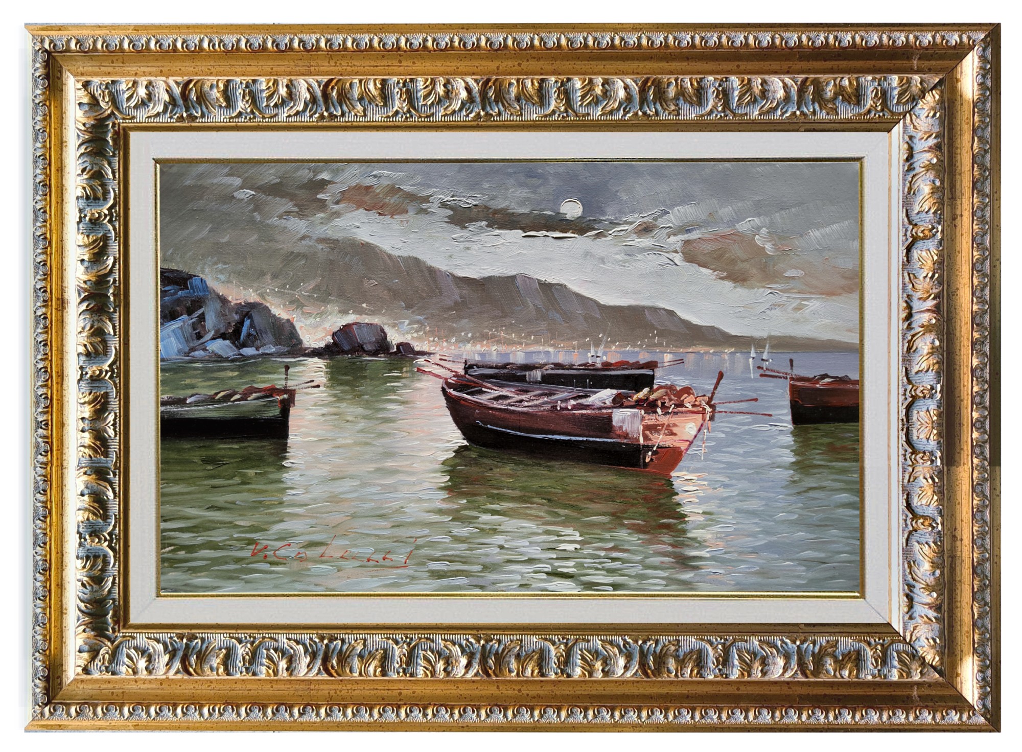Vittorio Colucci, Lights on the coast - Southern Italy painting & frame Vittorio Colucci, Lights on the coast - Southern Italy painting & frame