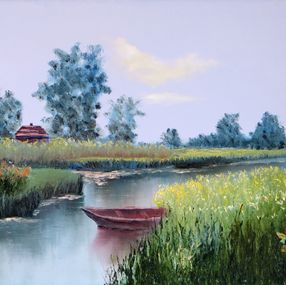Gemälde, Rural landscape with a boat, Elena Lukina