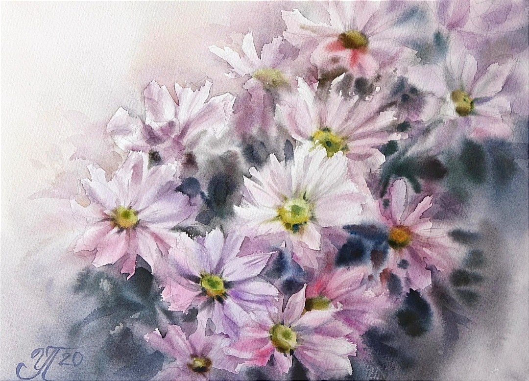 Irina Pronina, Delicate chrysanthemums Watercolor painting Irina Pronina, Delicate chrysanthemums Watercolor painting