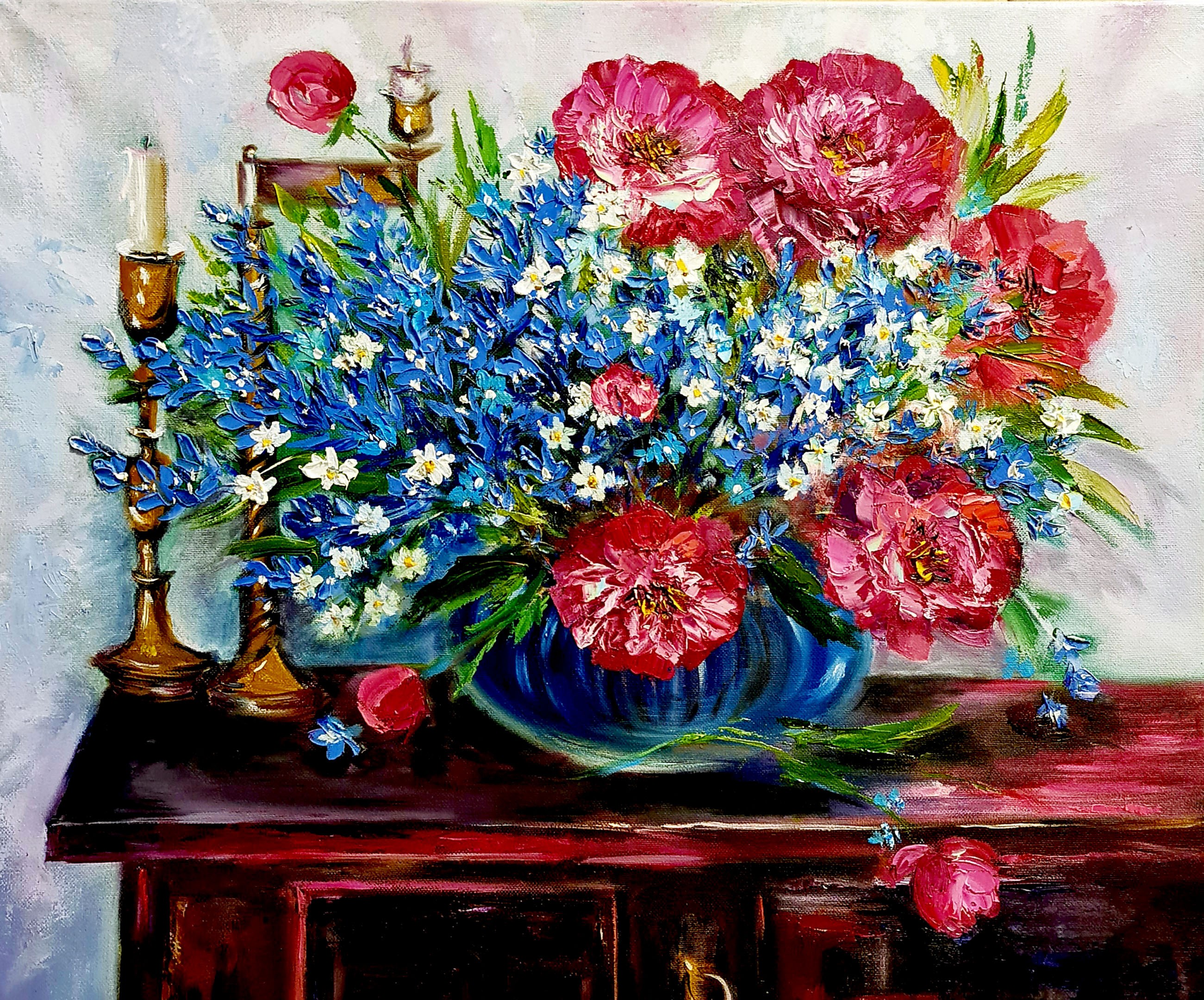 Lilya Volskaya, Burgundy peonies, blue flowers in a vase. Candles and antique table. Lilya Volskaya, Burgundy peonies, blue flowers in a vase. Candles and antique table.