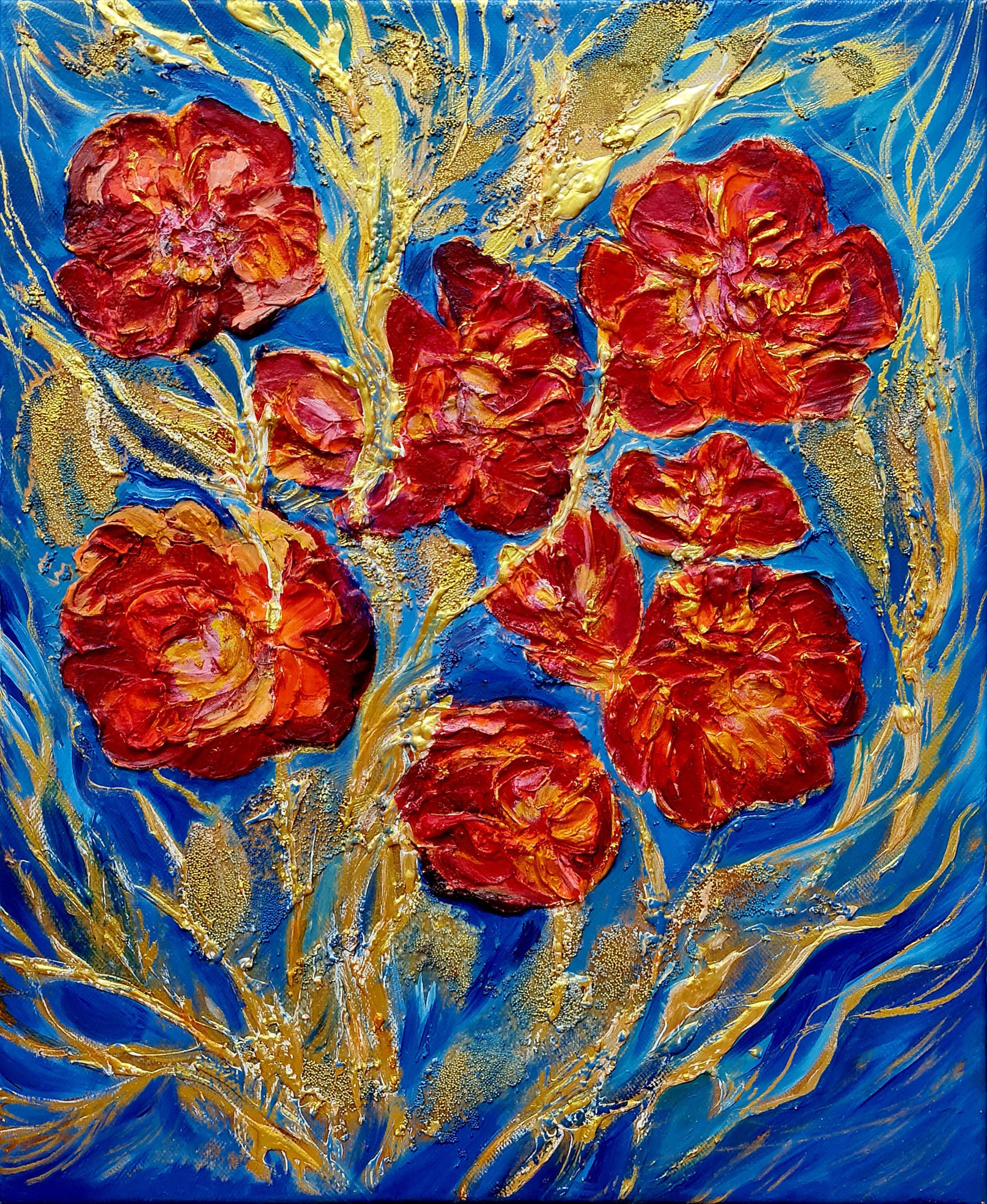 Lilya Volskaya, Embossed textured orange flowers on a blue backgraund. Still life abstraction Lilya Volskaya, Embossed textured orange flowers on a blue backgraund. Still life abstraction