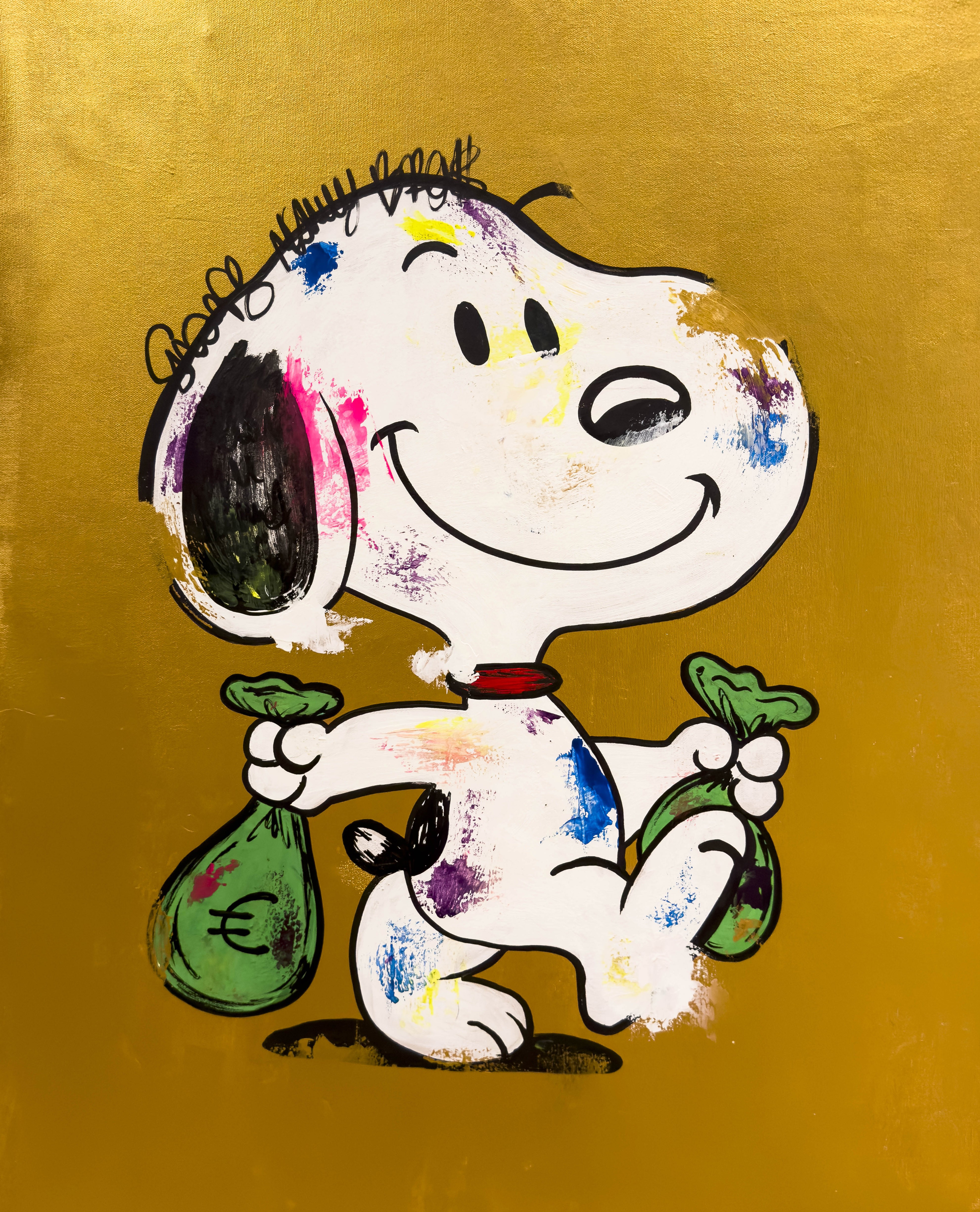 Carlos Pun Art, Snoopy walking with Euro Bags gold series Carlos Pun Art, Snoopy walking with Euro Bags gold series