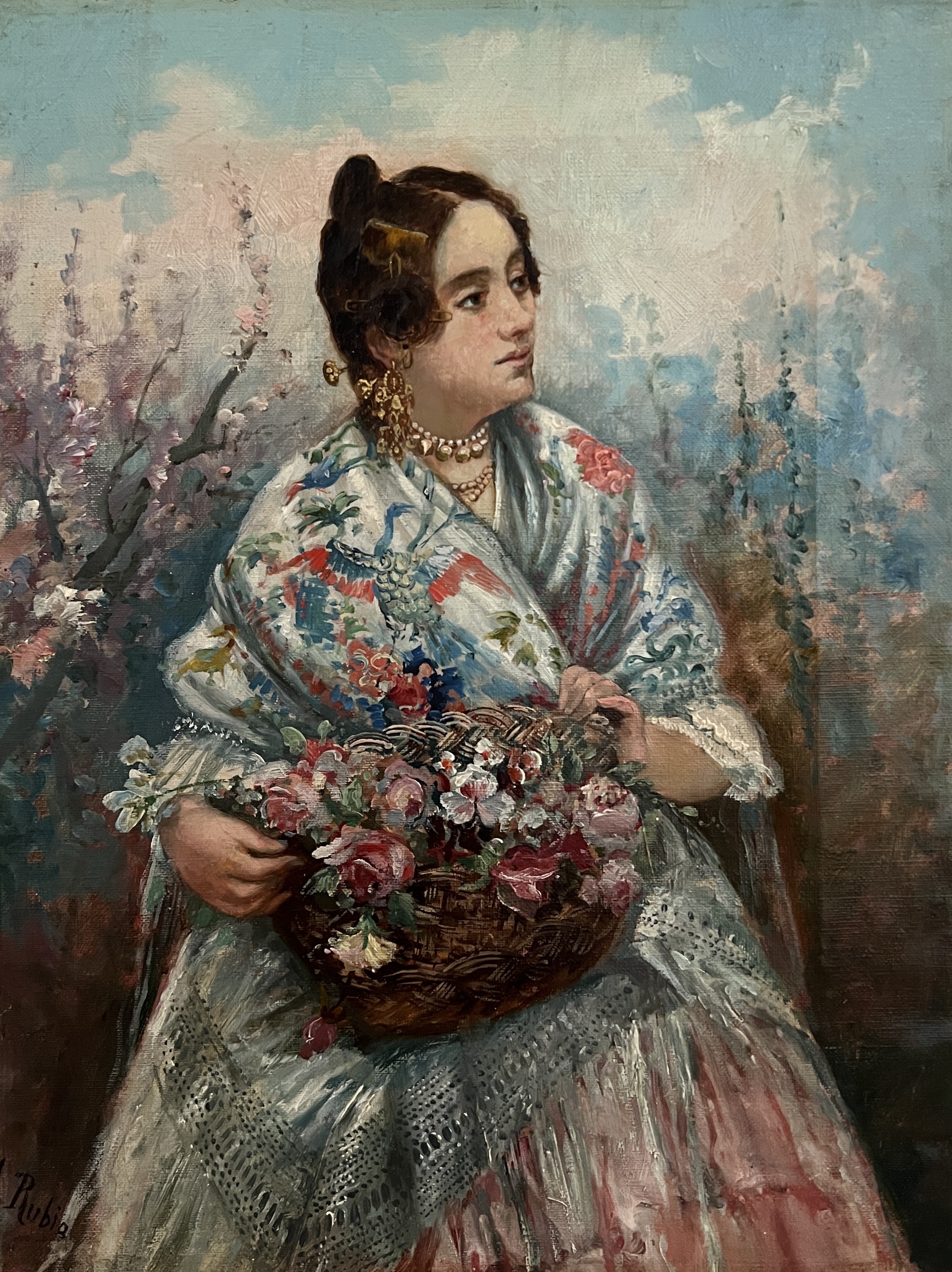 L. Rubia, Jeune femme au châle et panier de fleures L. Rubia, Jeune femme au châle et panier de fleures