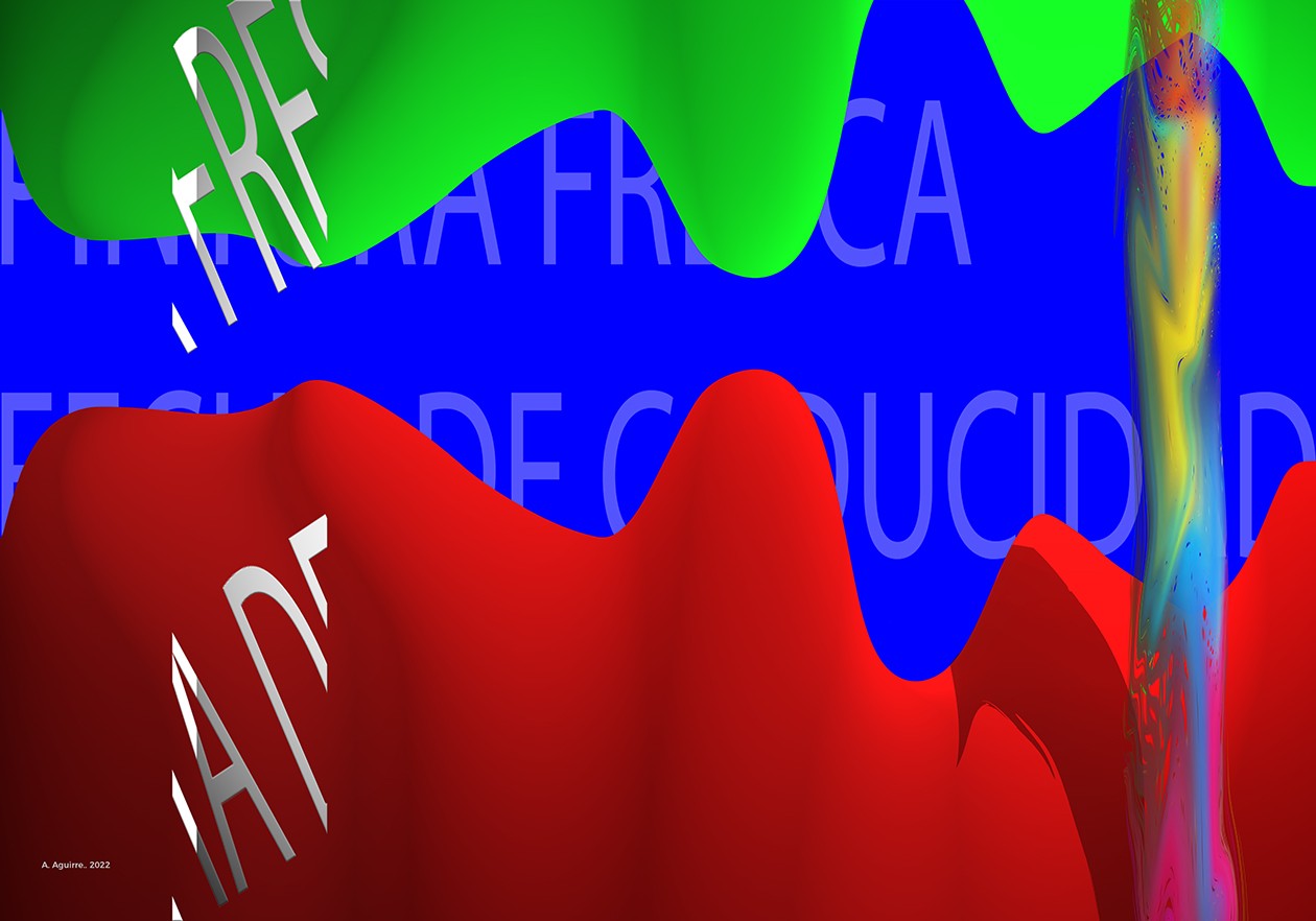Antonio Aguirre Pacheco, Paisaje en rojo y azul con texto Antonio Aguirre Pacheco, Paisaje en rojo y azul con texto