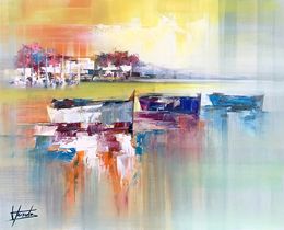 Gemälde, Trois barques au coucher du soleil, Josep Teixido
