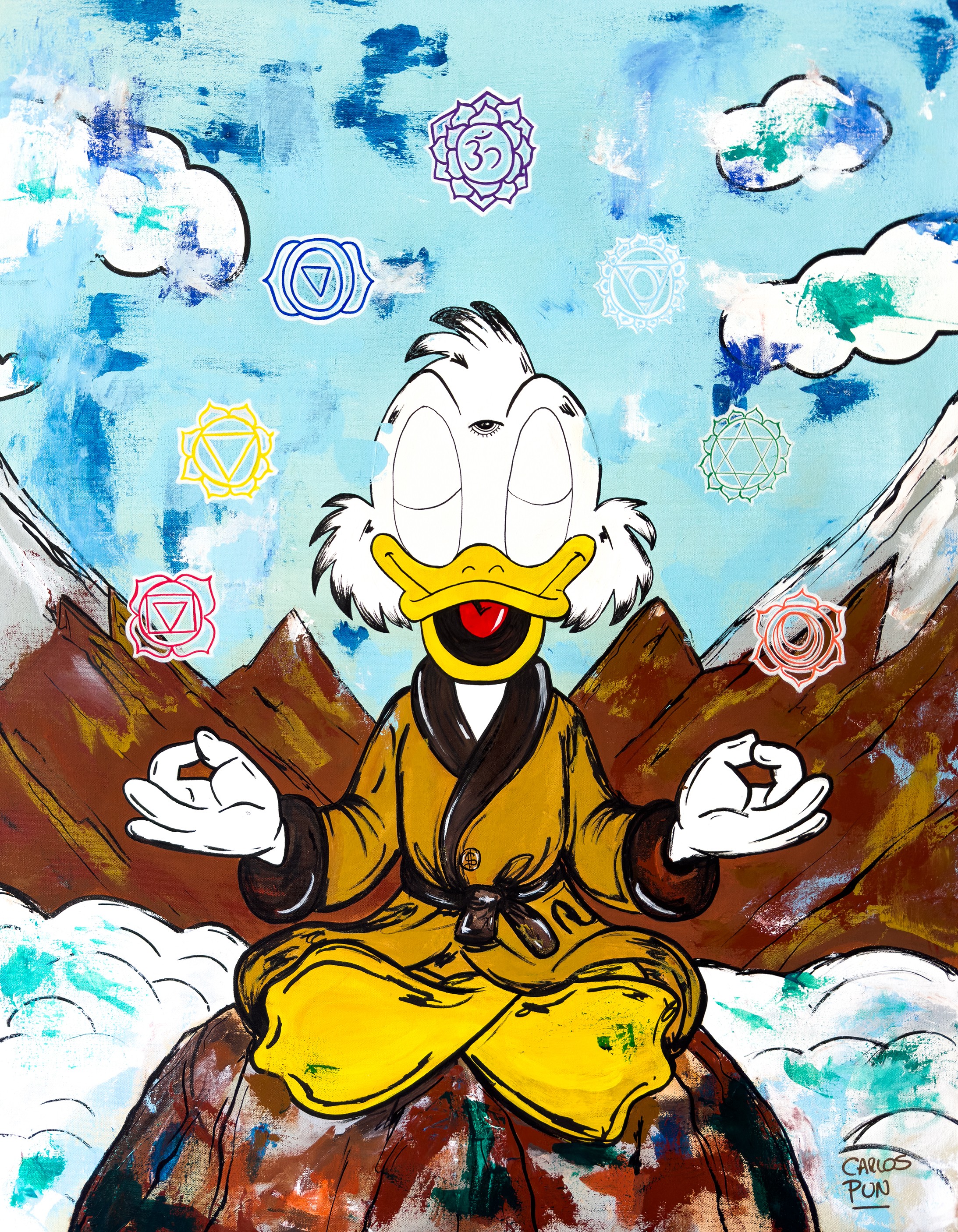 Carlos Pun Art, Scrooge Mcduck seeking Inner Peace, inner wealth - Meditation Series Carlos Pun Art, Scrooge Mcduck seeking Inner Peace, inner wealth - Meditation Series