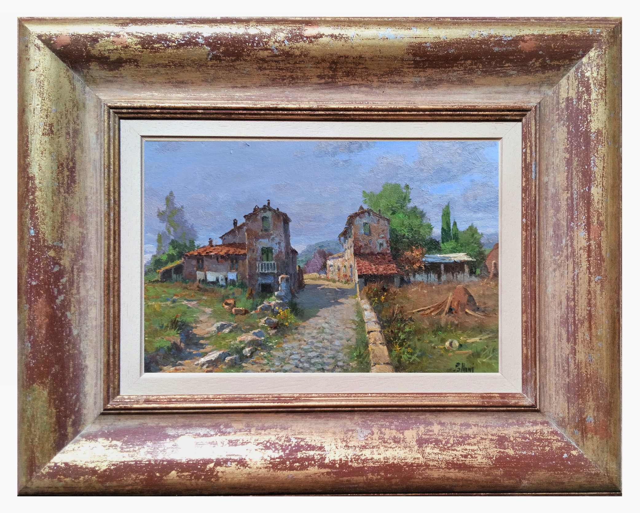 Claudio Pallini, Hamlet stone road - Tuscany painting landscape & frame Claudio Pallini, Hamlet stone road - Tuscany painting landscape & frame