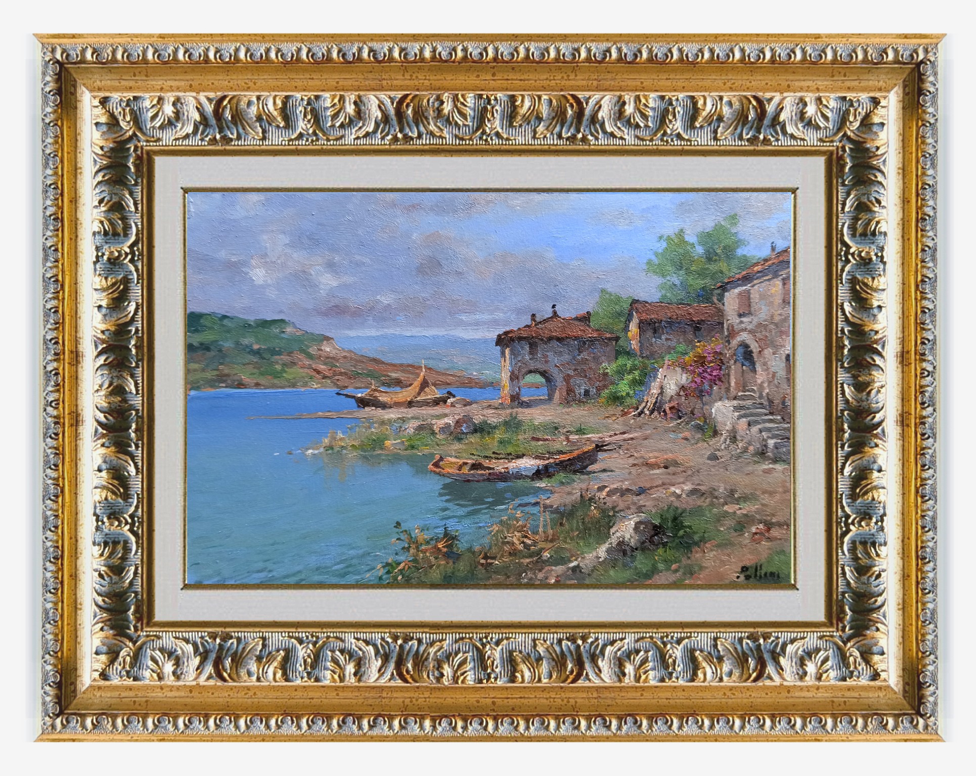 Claudio Pallini, Houses on the lake - Lombardy painting landscape & frame Claudio Pallini, Houses on the lake - Lombardy painting landscape & frame