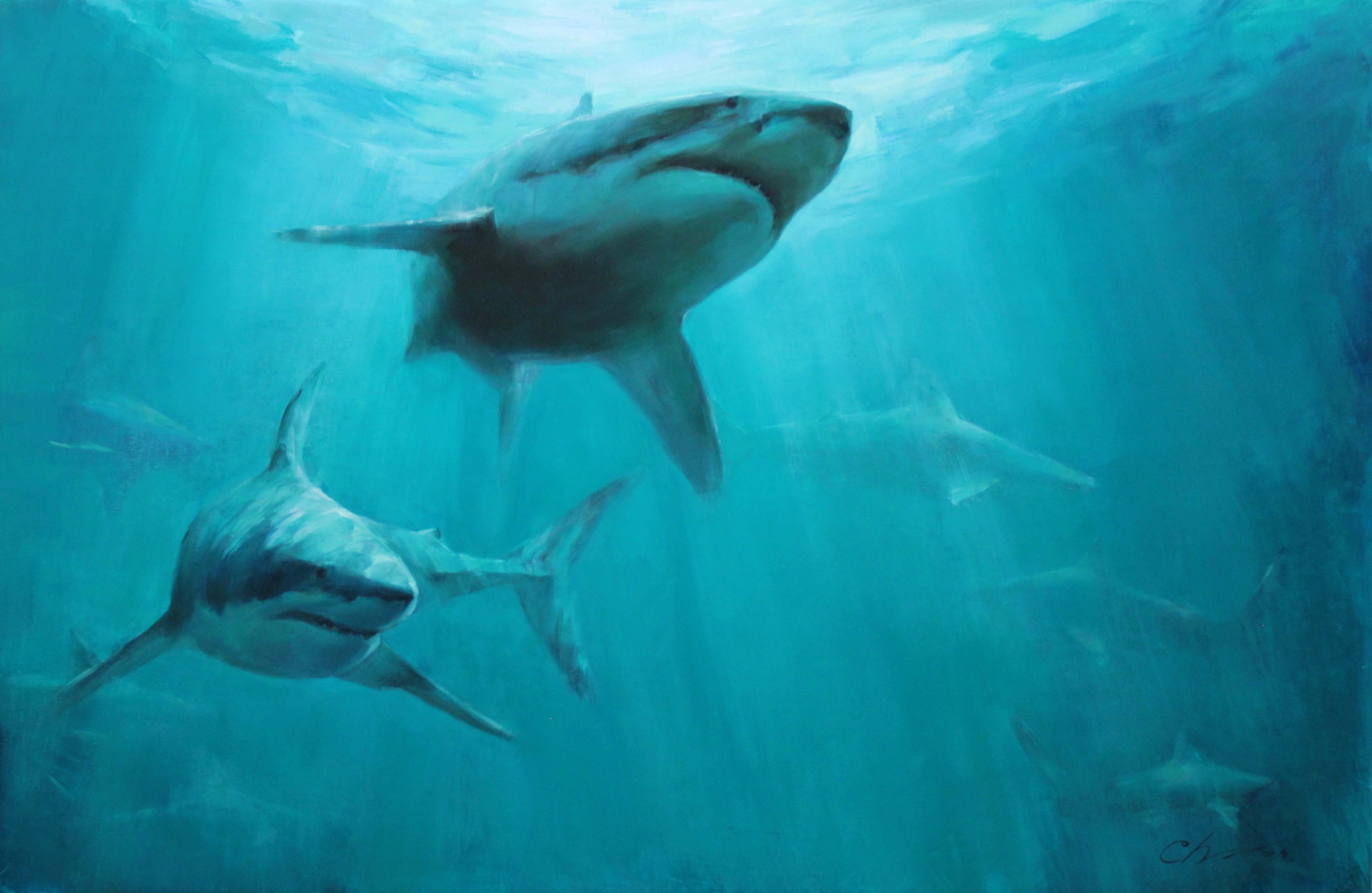 Serhii Cherniakovskyi, Among predators - great white shark Underwater, ocean life painting, sea animal Serhii Cherniakovskyi, Among predators - great white shark Underwater, ocean life painting, sea animal