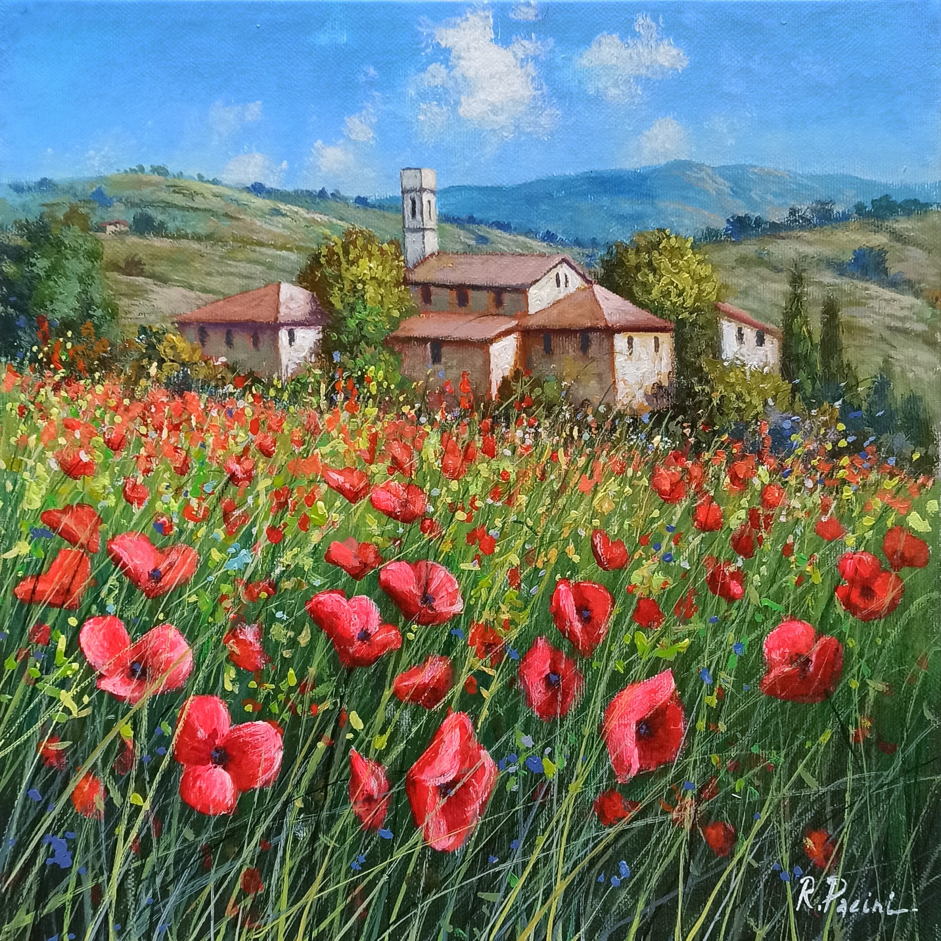 Raimondo Pacini, Red wildflowers - Tuscany landscape painting Raimondo Pacini, Red wildflowers - Tuscany landscape painting