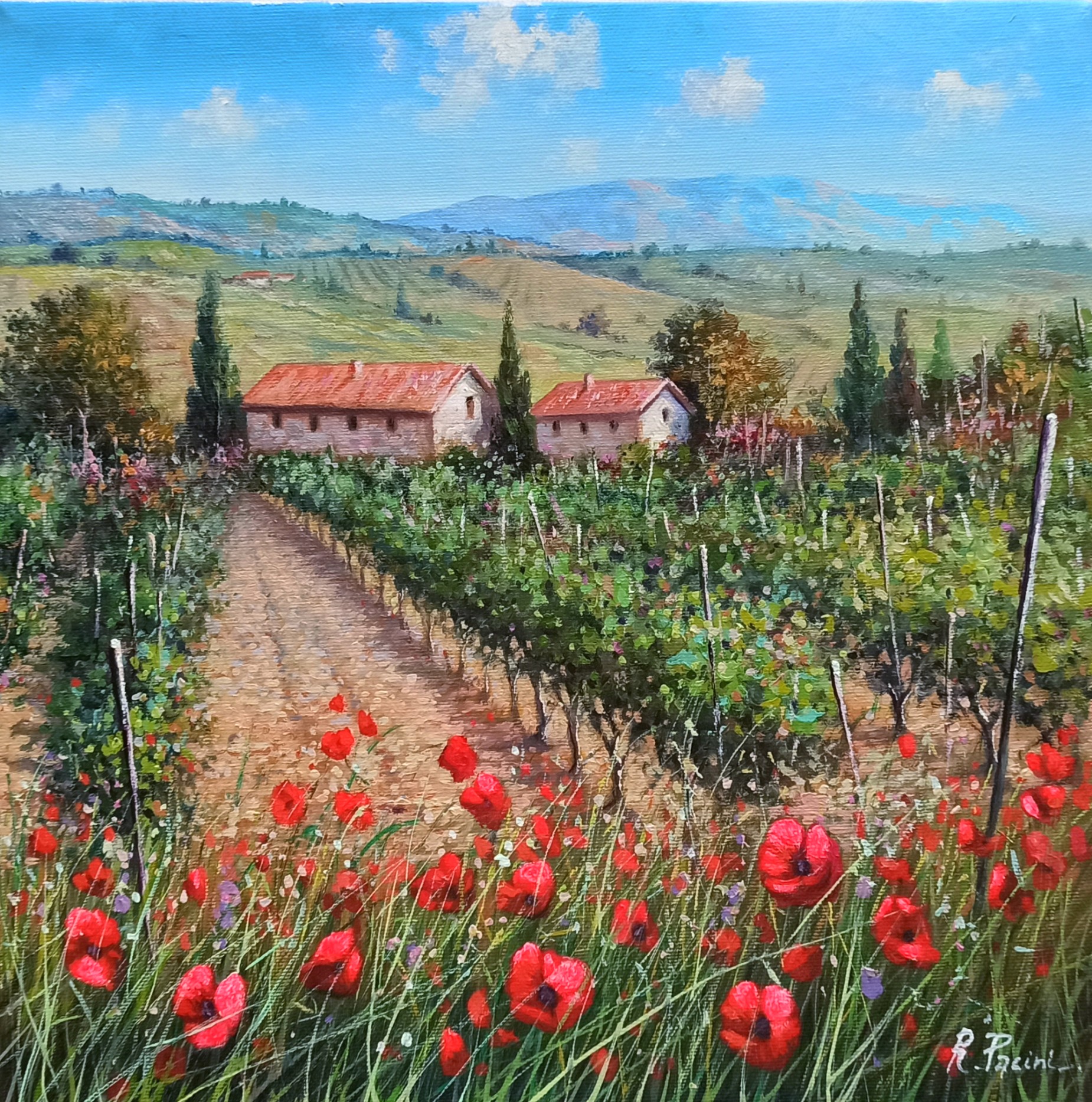 Raimondo Pacini, Flowering in the vineyard - Tuscany landscape painting Raimondo Pacini, Flowering in the vineyard - Tuscany landscape painting
