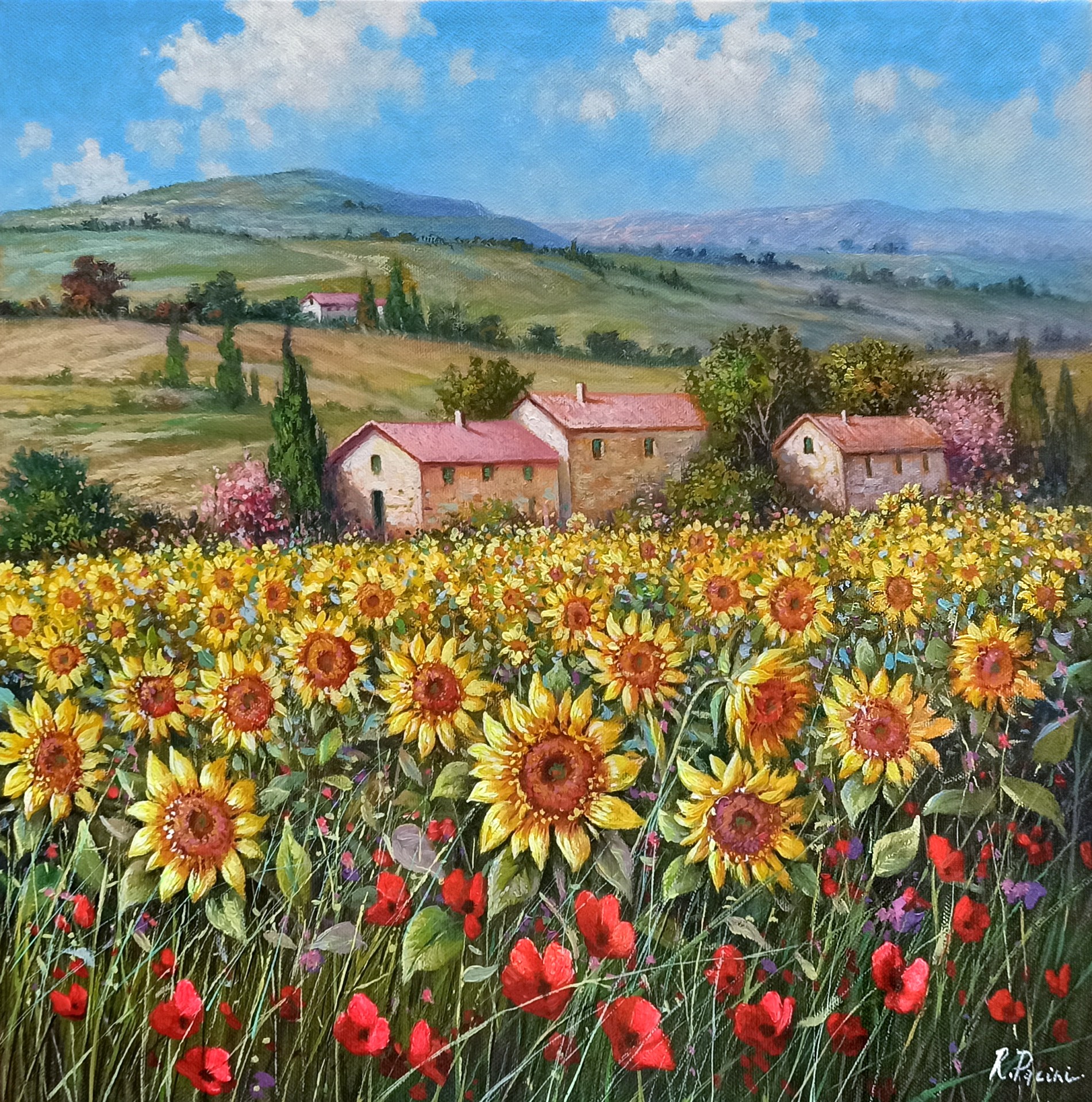Raimondo Pacini, Sunflowers in blooming - Tuscany landscape painting Raimondo Pacini, Sunflowers in blooming - Tuscany landscape painting