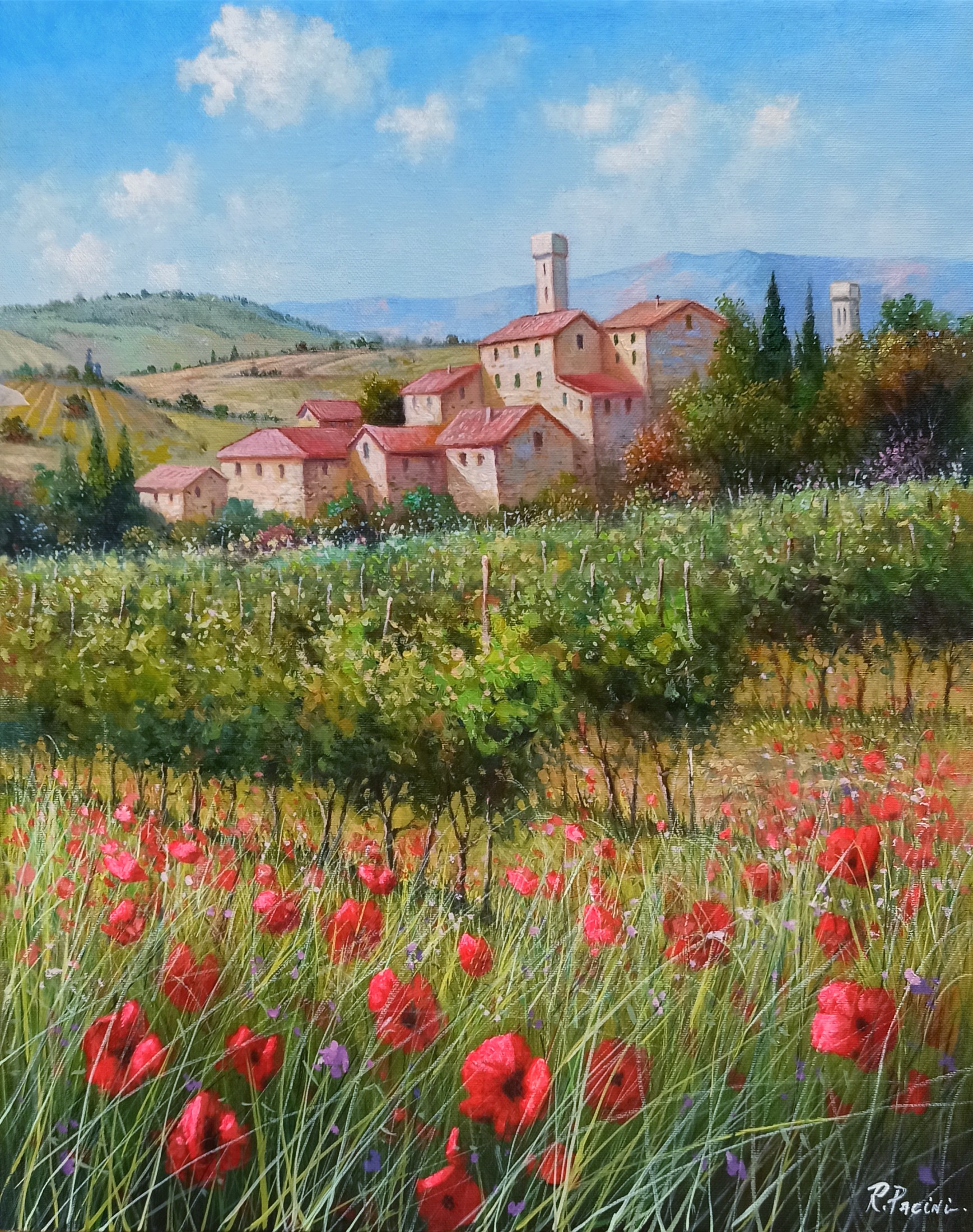 Raimondo Pacini, Borgo Toscano with vineyard - Tuscany landscape painting Raimondo Pacini, Borgo Toscano with vineyard - Tuscany landscape painting