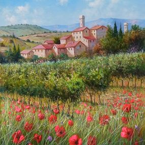 Peinture, Borgo Toscano with vineyard - Tuscany landscape painting, Raimondo Pacini