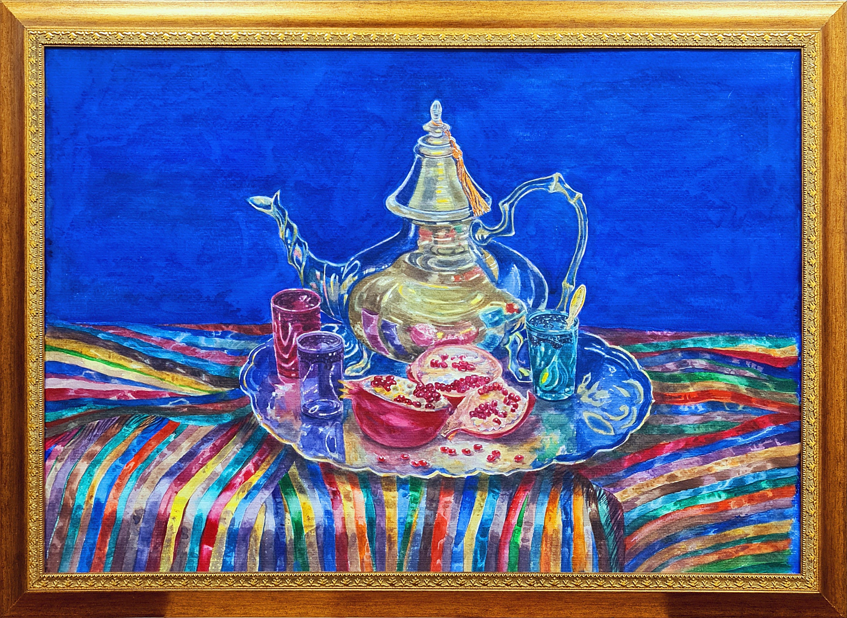 Lilya Volskaya, Blue still life with pomegranates and teapot. Lilya Volskaya, Blue still life with pomegranates and teapot.